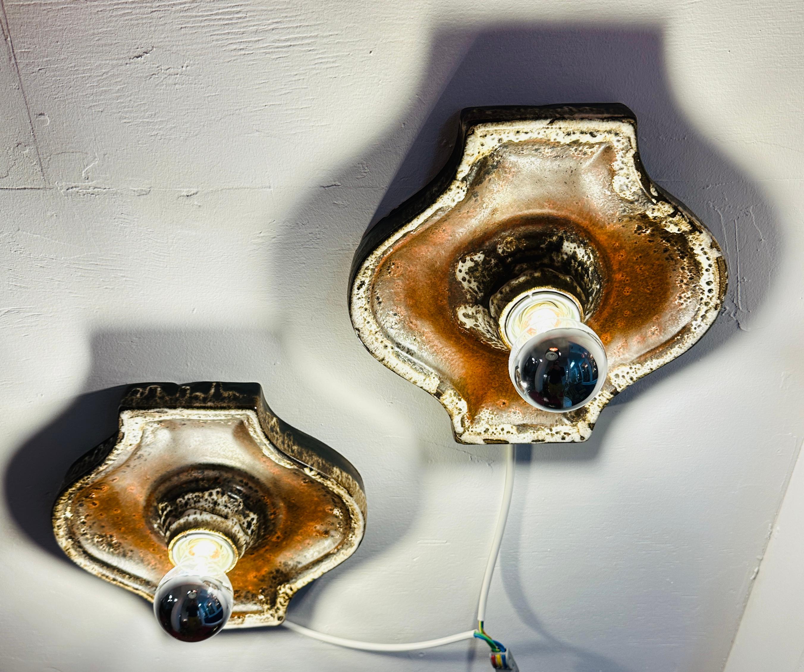 Pair of 1970s German Fat Lava Hustadt Brown & White Ceramic Wall Lights For Sale 4