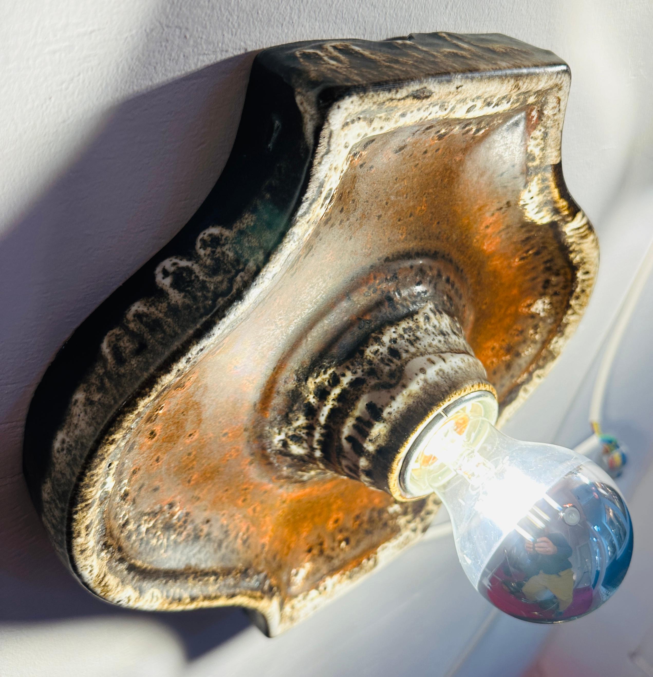 Pair of 1970s German Fat Lava Hustadt Brown & White Ceramic Wall Lights For Sale 6