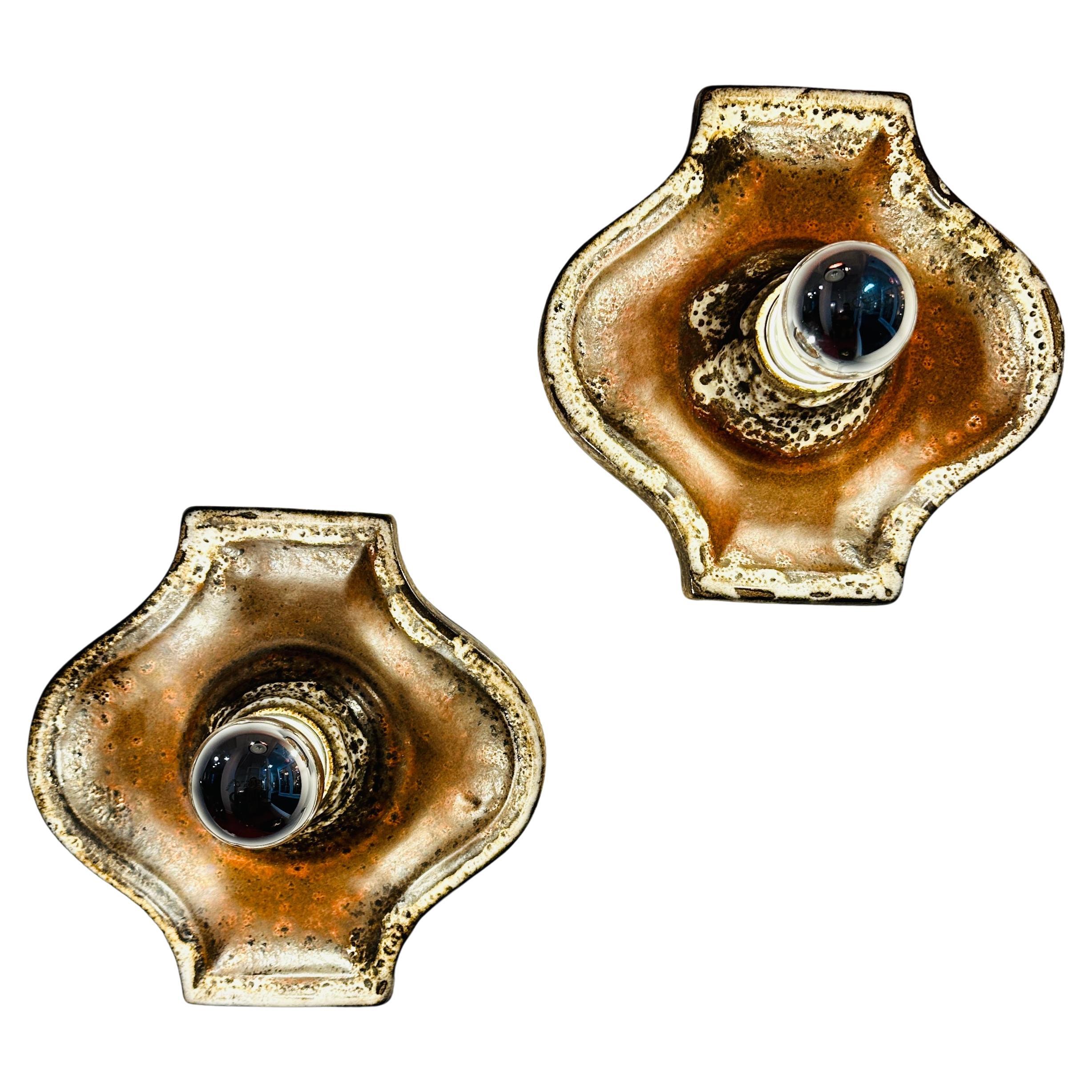 Pair of 1970s German Fat Lava Hustadt Brown & White Ceramic Wall Lights