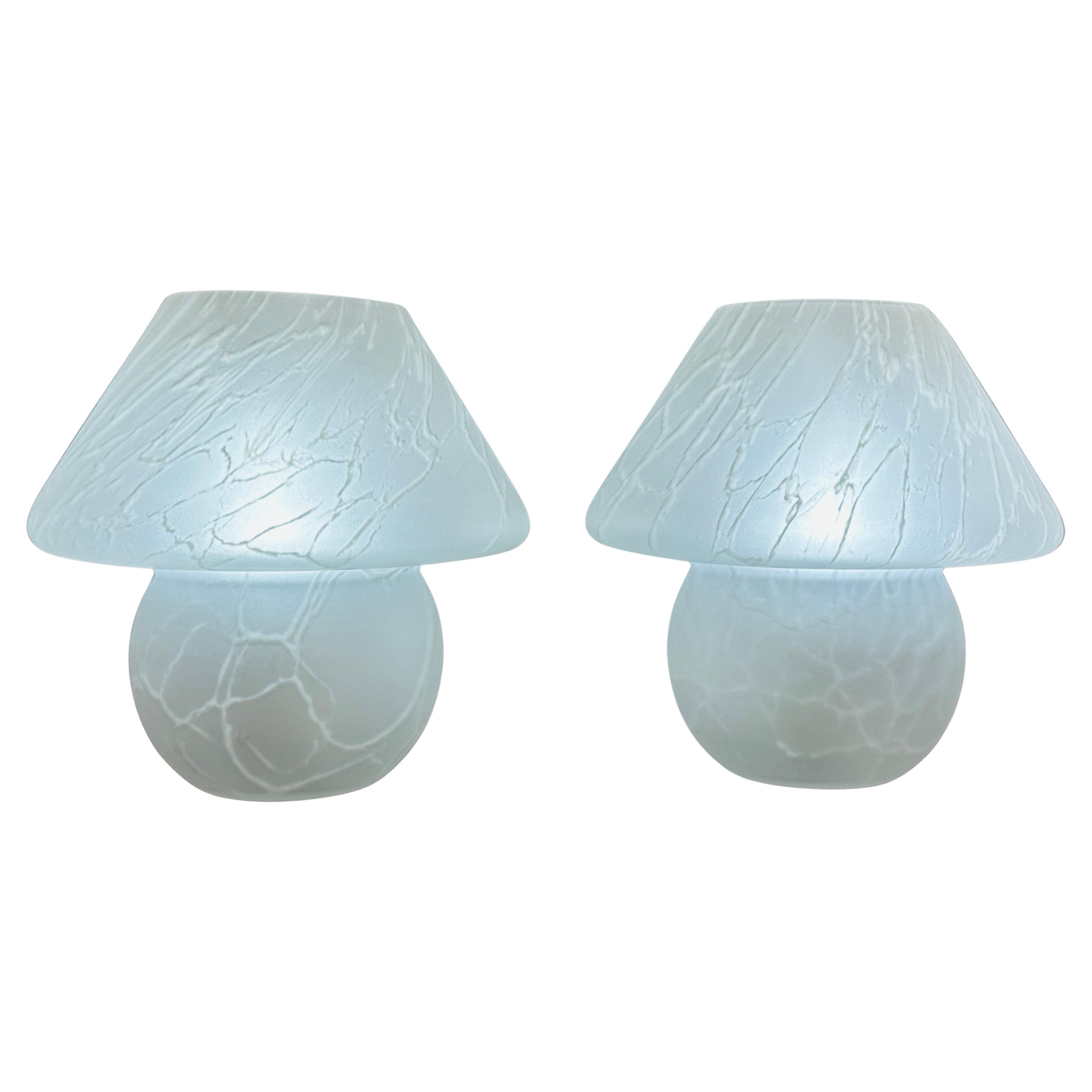 Pair of 1970s German Frosted Crackled Glass Mushroom Table Lamps Putzler Style