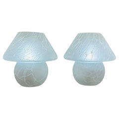 Pair of 1970s German Frosted Crackled Glass Mushroom Table Lamps Putzler Style