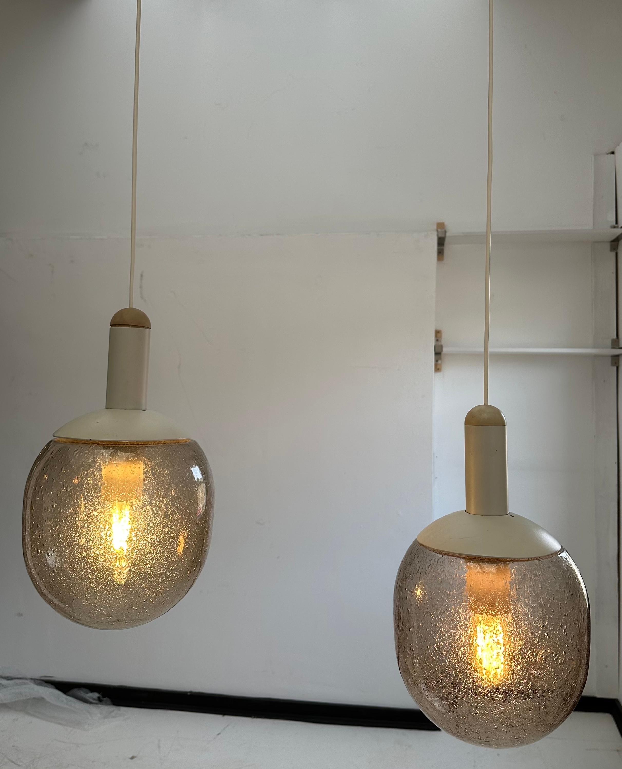 Pair of 1970s German Glashütte Limberg Bubbled Smoked Glass Pendant Lights In Good Condition For Sale In London, GB