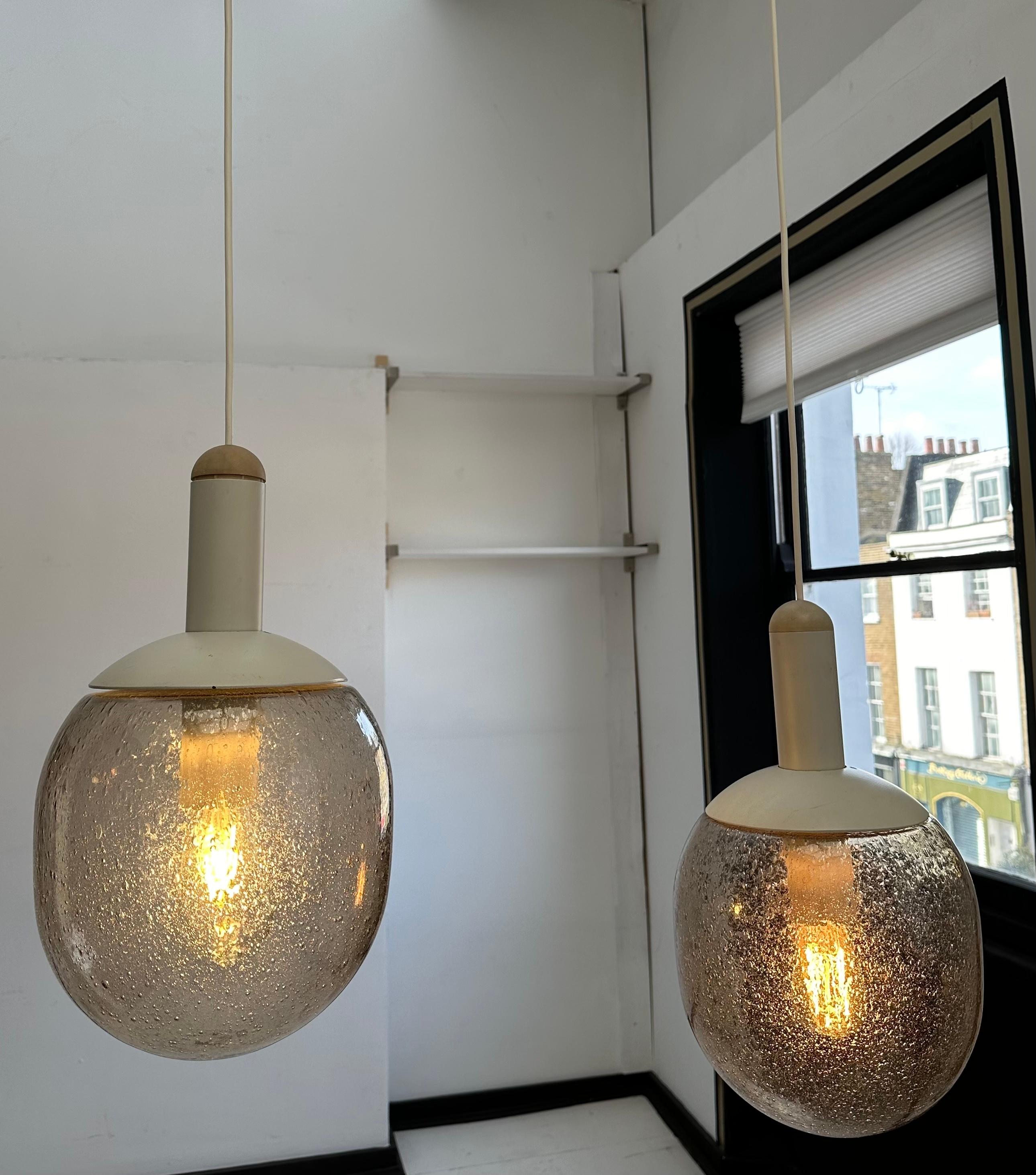 20th Century Pair of 1970s German Glashütte Limberg Bubbled Smoked Glass Pendant Lights For Sale