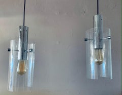 Pair of 1970s German Glashütte Limburg Chrome & Bubbled Glass Pendant Light
