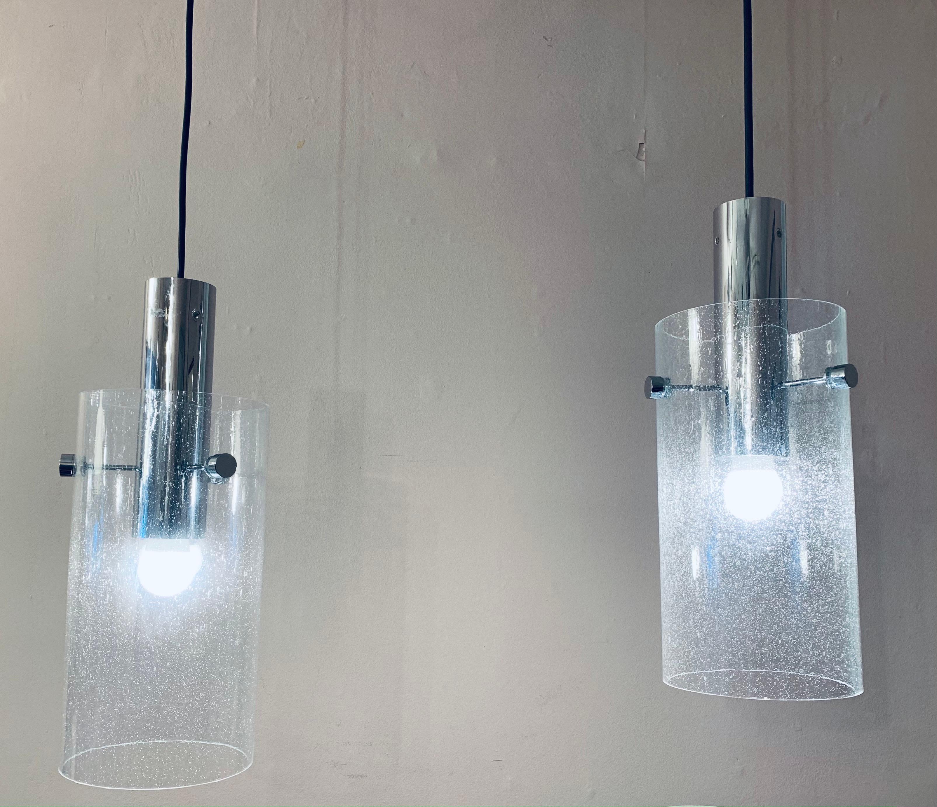Pair of 1970s German Glashütte Limburg Chrome & Bubbled Glass Pendant Light For Sale 2