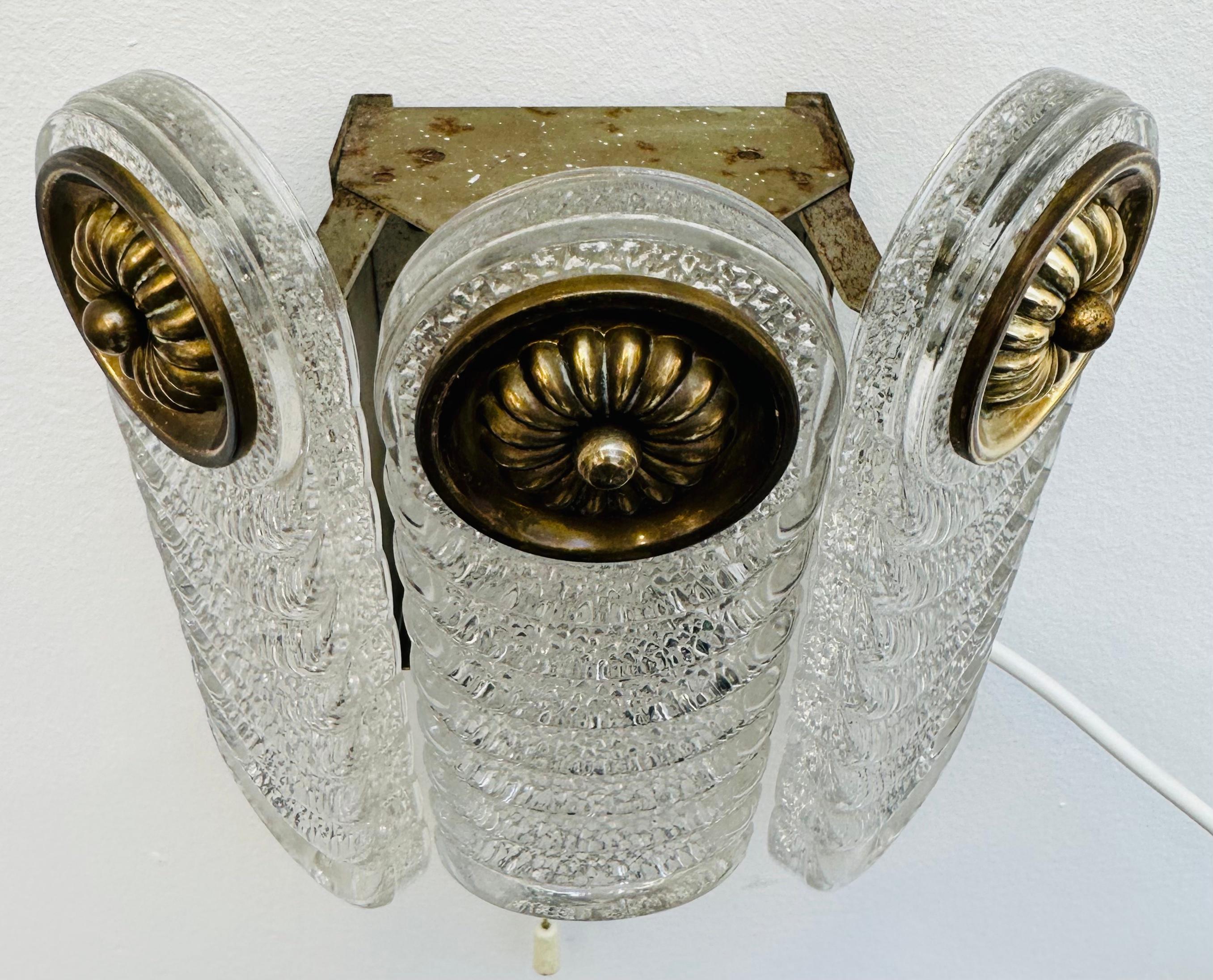 Pair of 1970s German Kaiser Leuchten Murano Glass & Brass Wall Lights or Sconces For Sale 3
