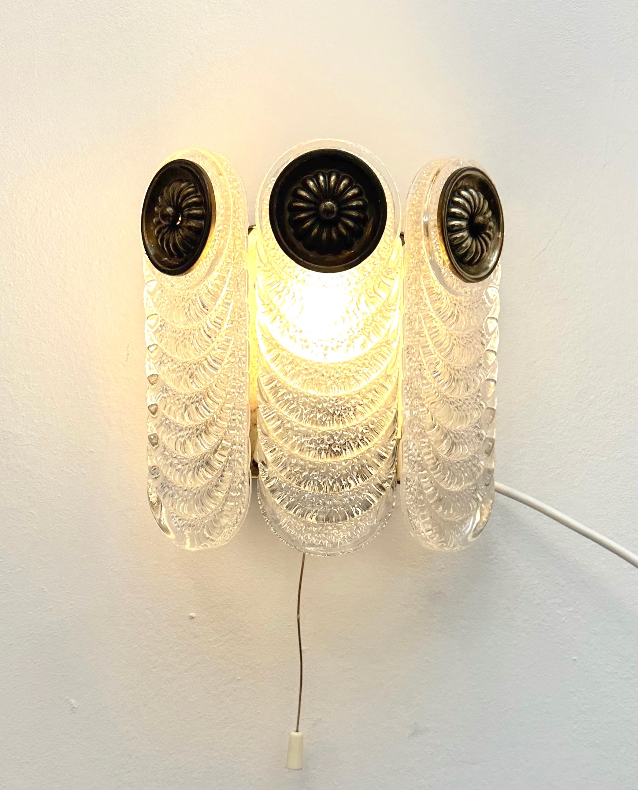 Pair of 1970s German Kaiser Leuchten Murano Glass & Brass Wall Lights or Sconces In Good Condition For Sale In London, GB