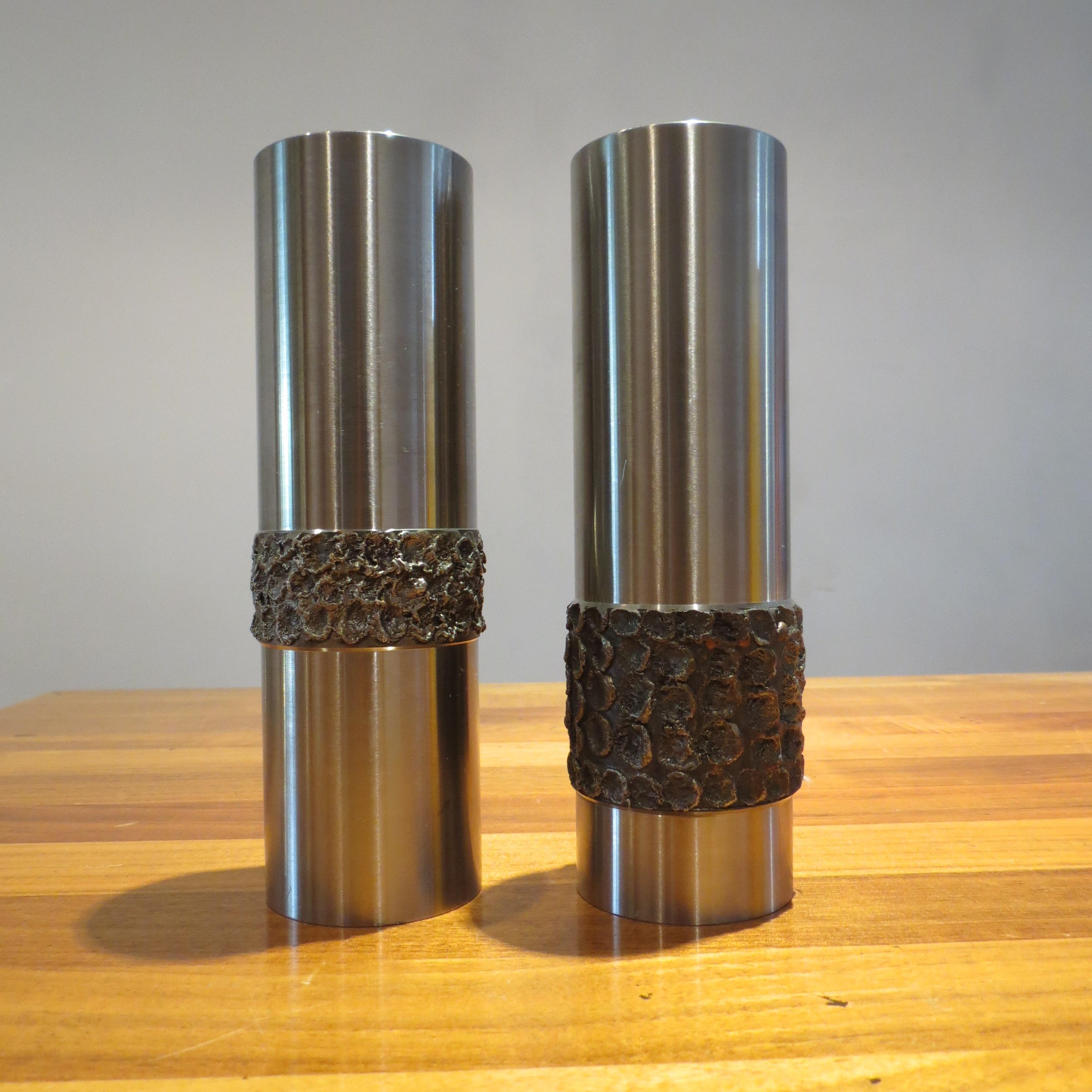 Pair of 1970s German Metal Brutalist Stainless Steel Handcrafted Vases B 5