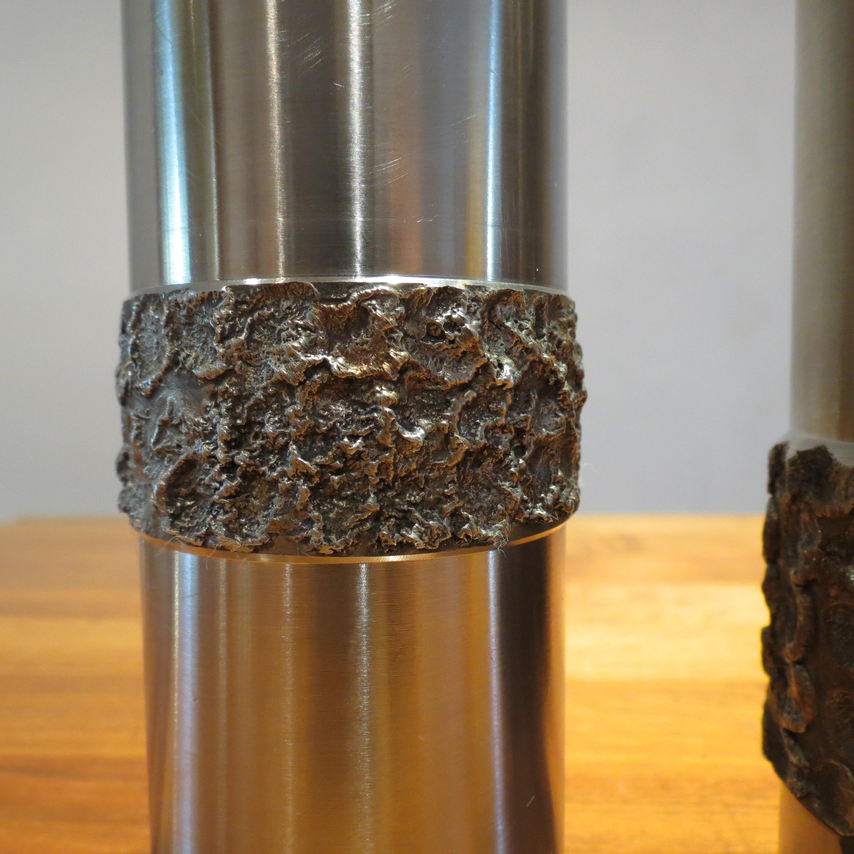 Pair of 1970s German Metal Brutalist Stainless Steel Handcrafted Vases B In Good Condition In Stow on the Wold, GB