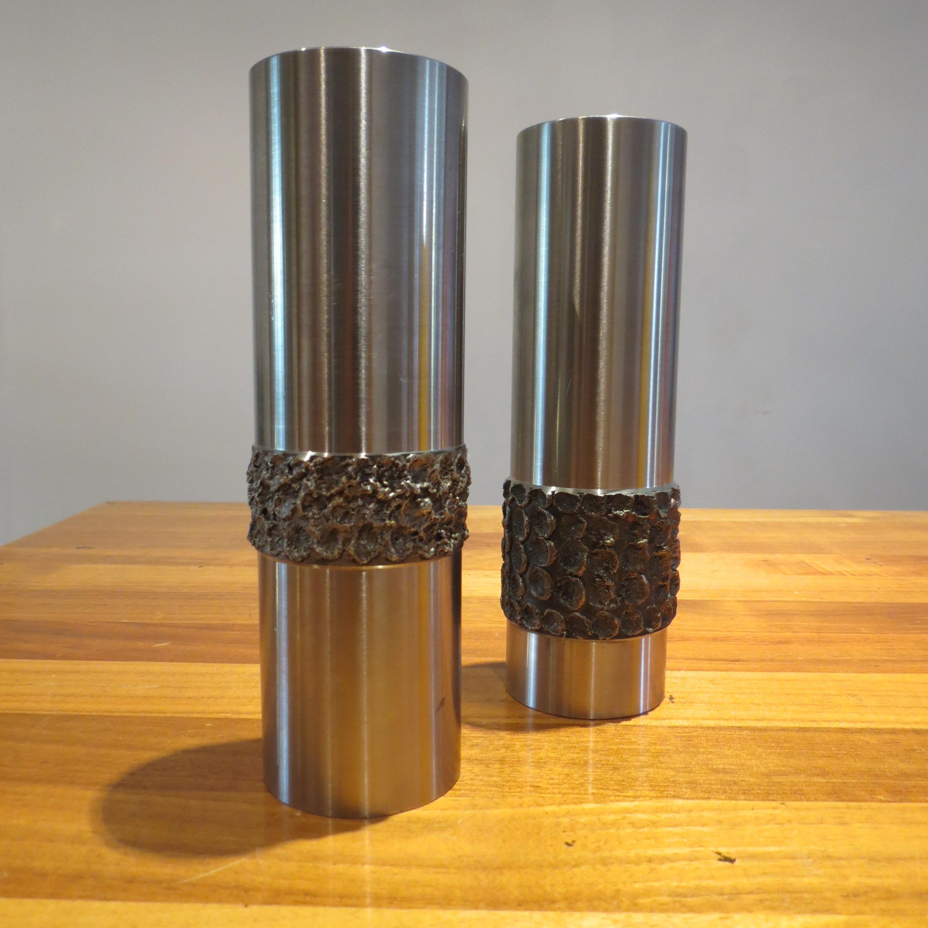 Pair of 1970s German Metal Brutalist Stainless Steel Handcrafted Vases B 1