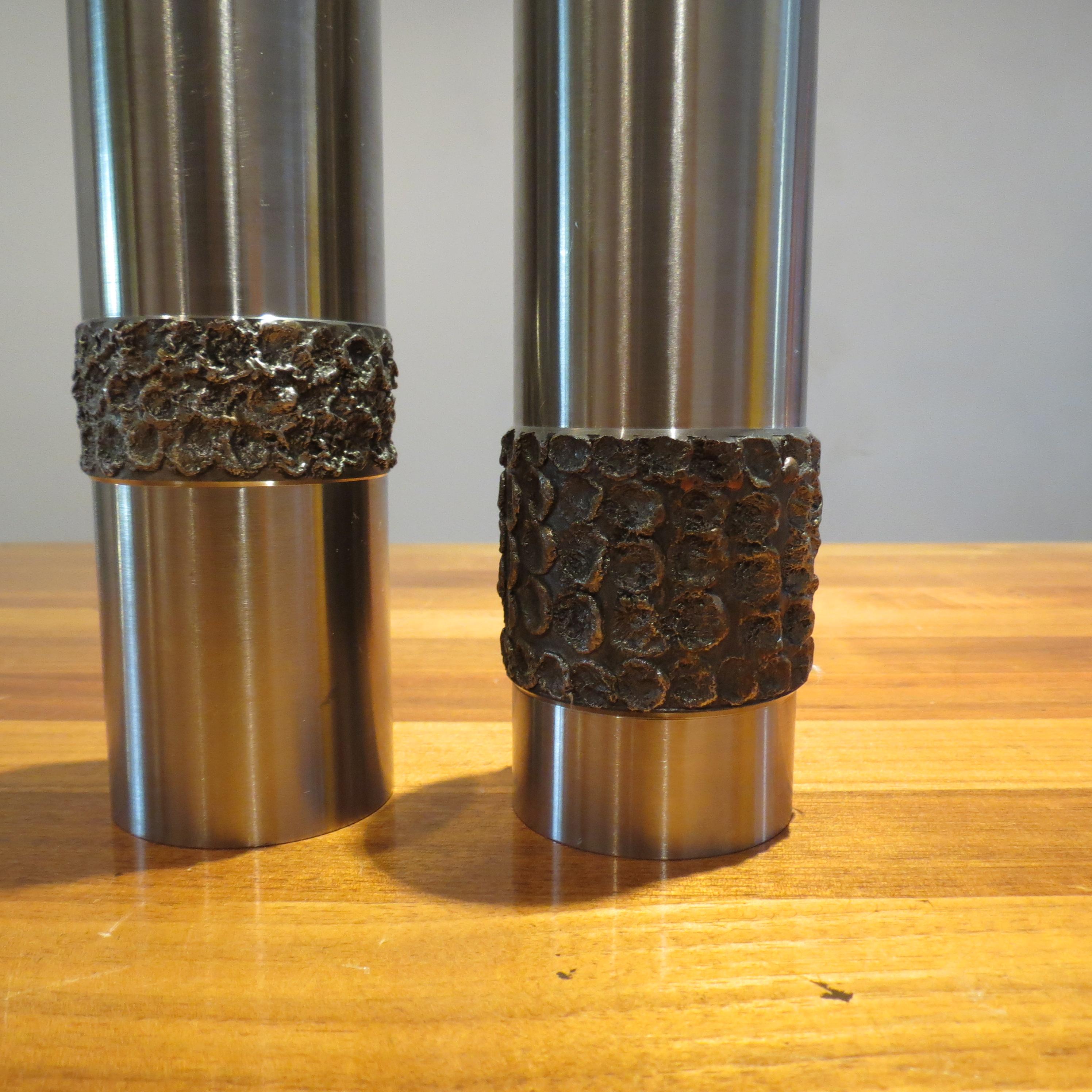 Pair of 1970s German Metal Brutalist Stainless Steel Handcrafted Vases B 3