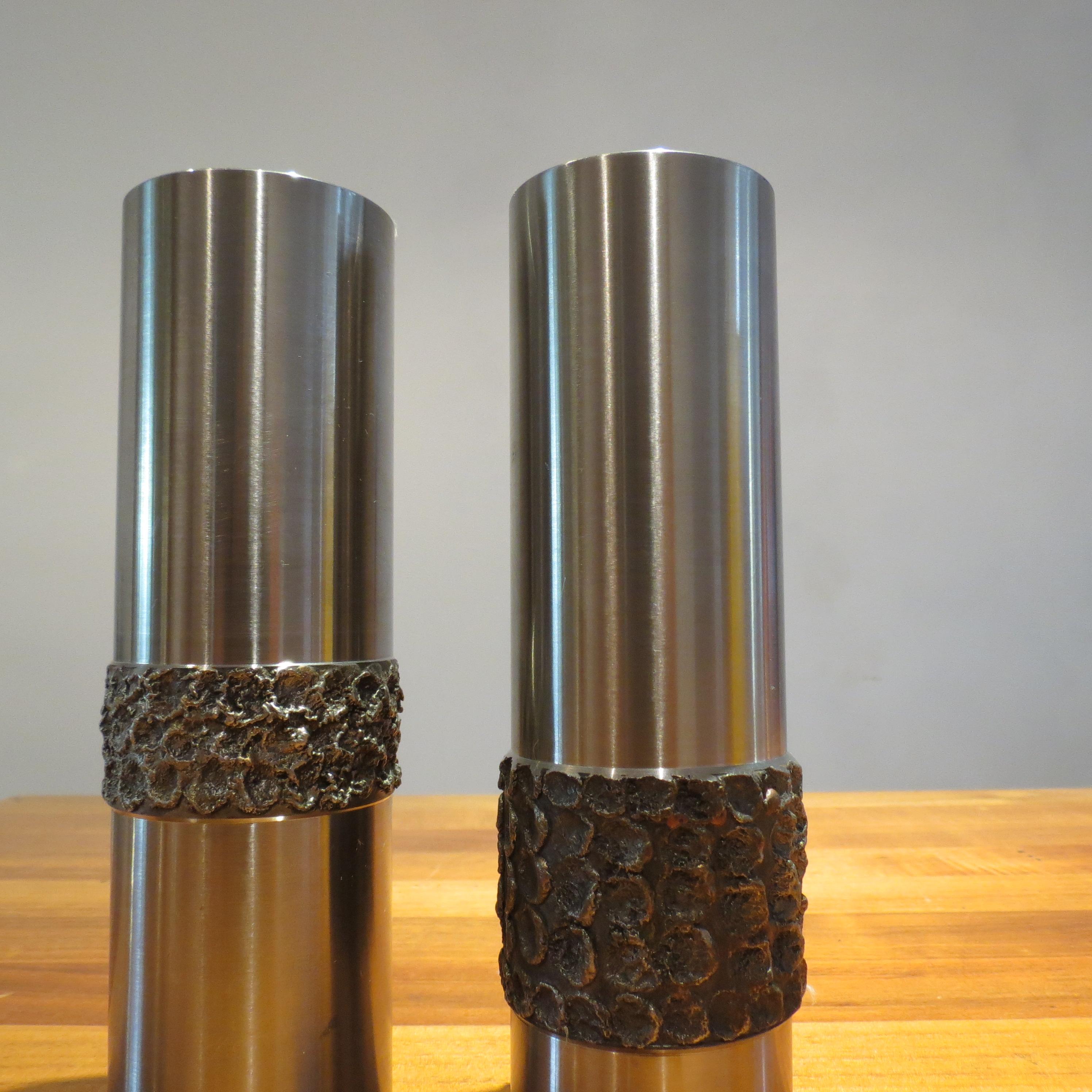 Pair of 1970s German Metal Brutalist Stainless Steel Handcrafted Vases B 4