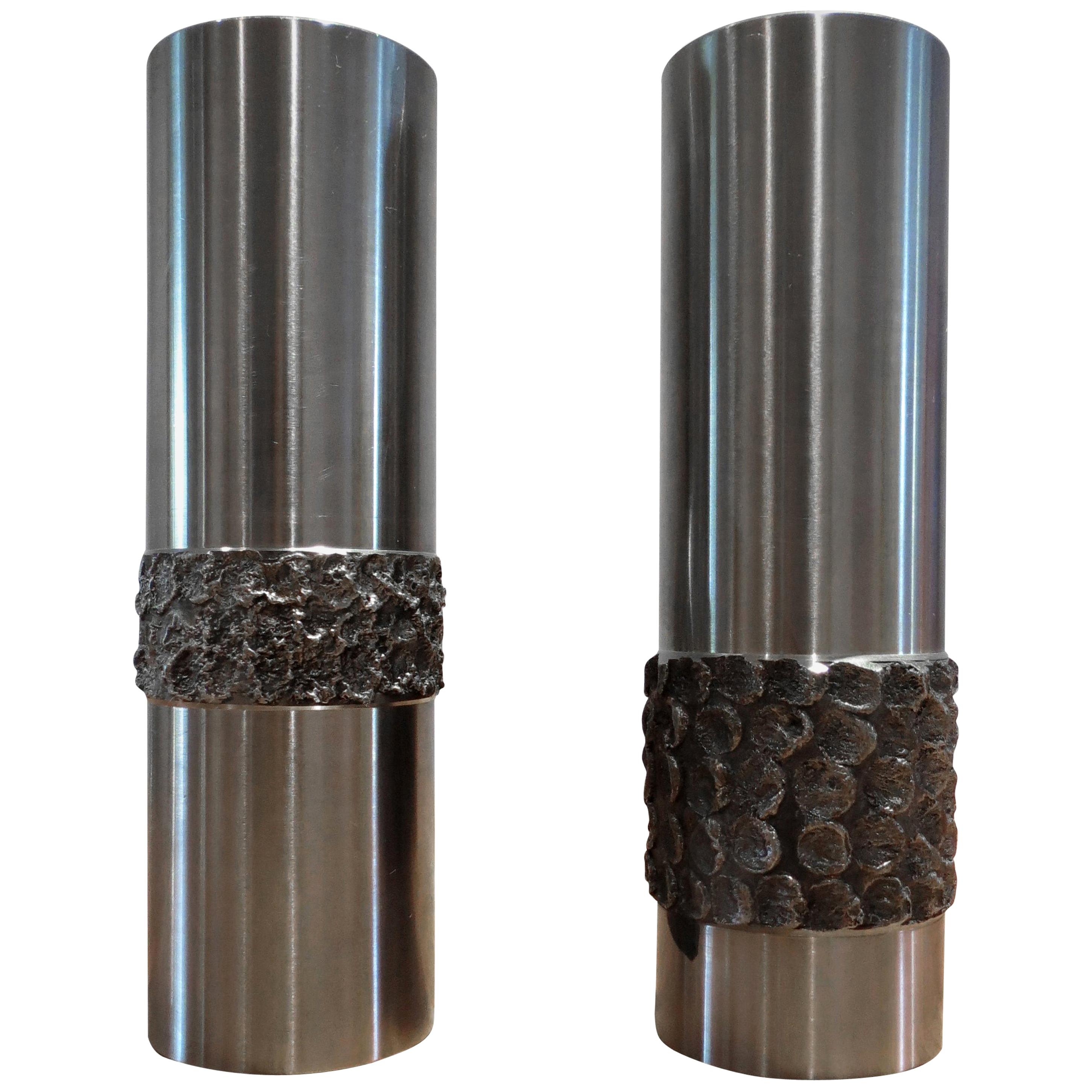 Pair of 1970s German Metal Brutalist Stainless Steel Handcrafted Vases B