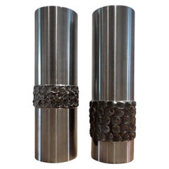 Pair of 1970s German Metal Brutalist Stainless Steel Handcrafted Vases B