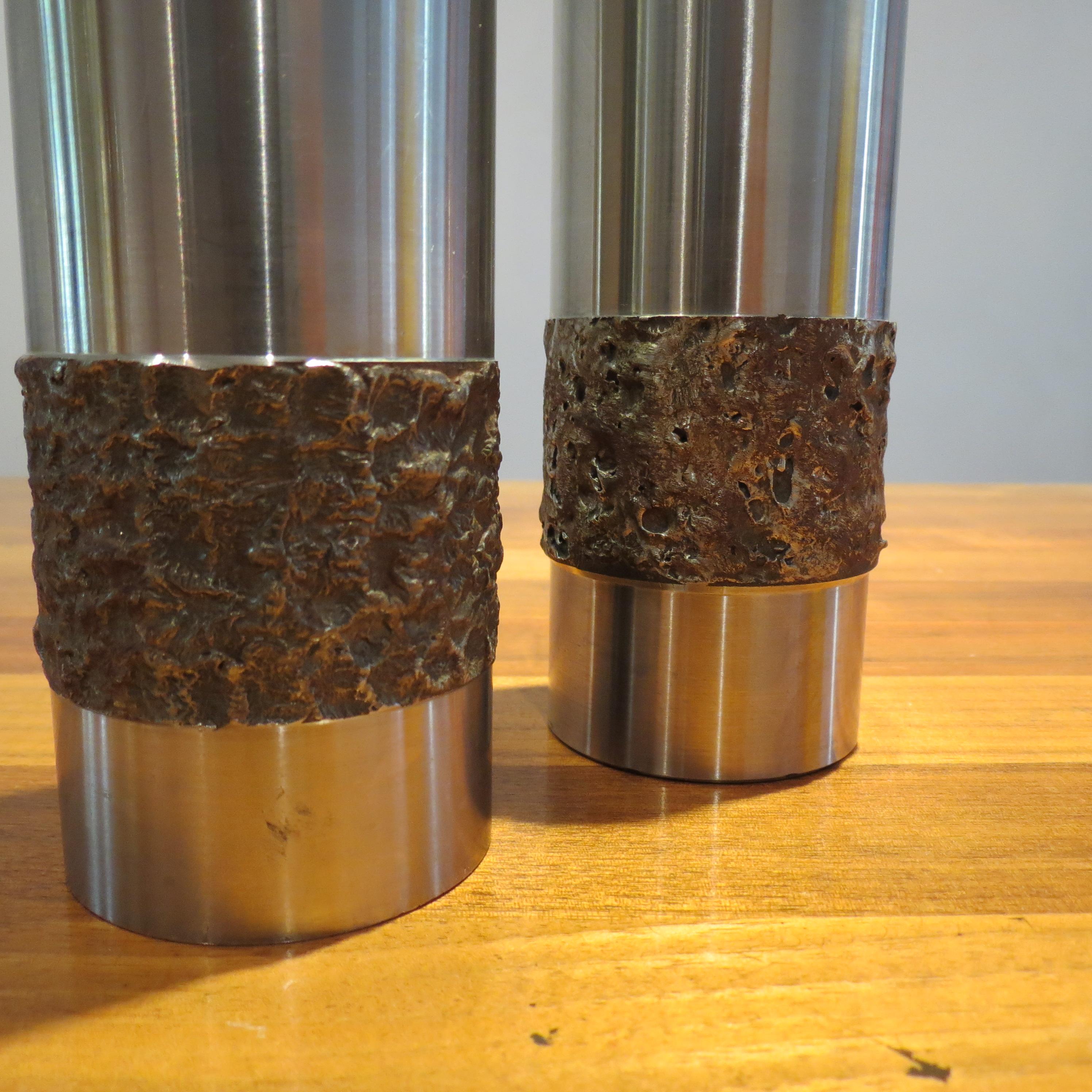 Machine-Made Pair of 1970s German Metal Brutalist Stainless Steel Metal Handcrafted Vases
