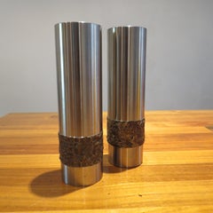 Pair of 1970s German Metal Brutalist Stainless Steel Metal Handcrafted Vases