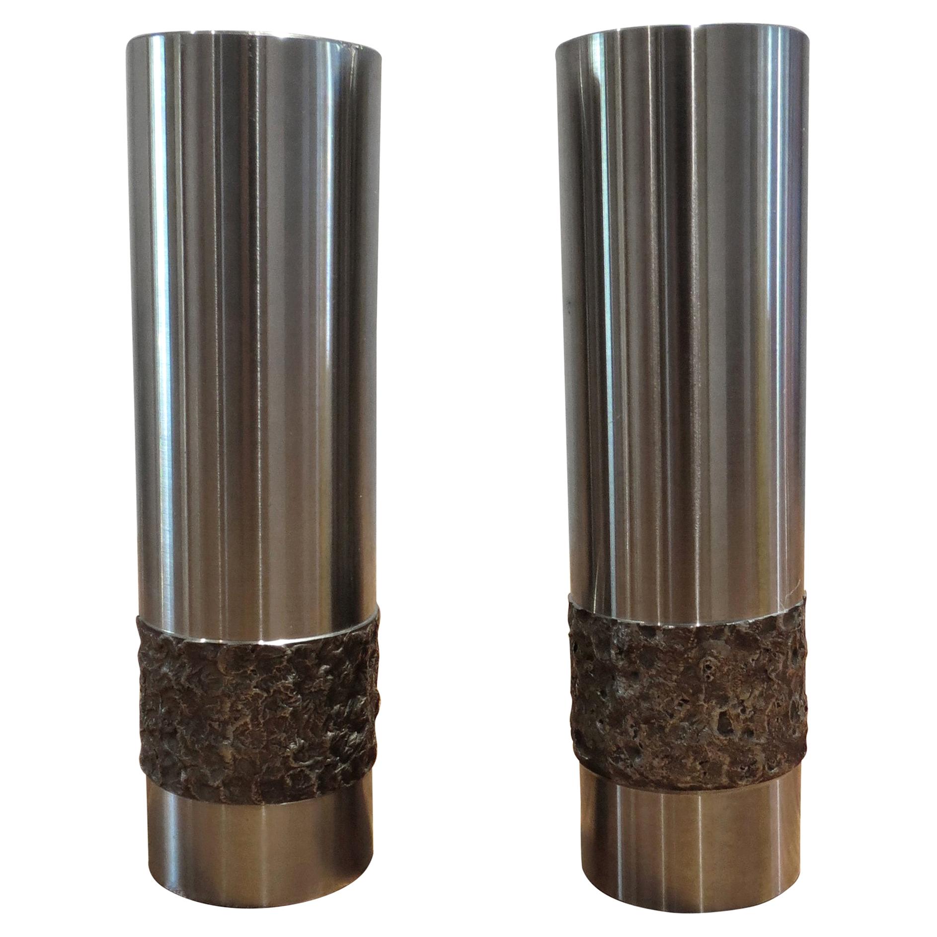 Pair of 1970s German Metal Brutalist Stainless Steel Metal Handcrafted Vases