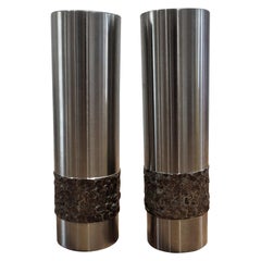 Pair of 1970s German Metal Brutalist Stainless Steel Metal Handcrafted Vases