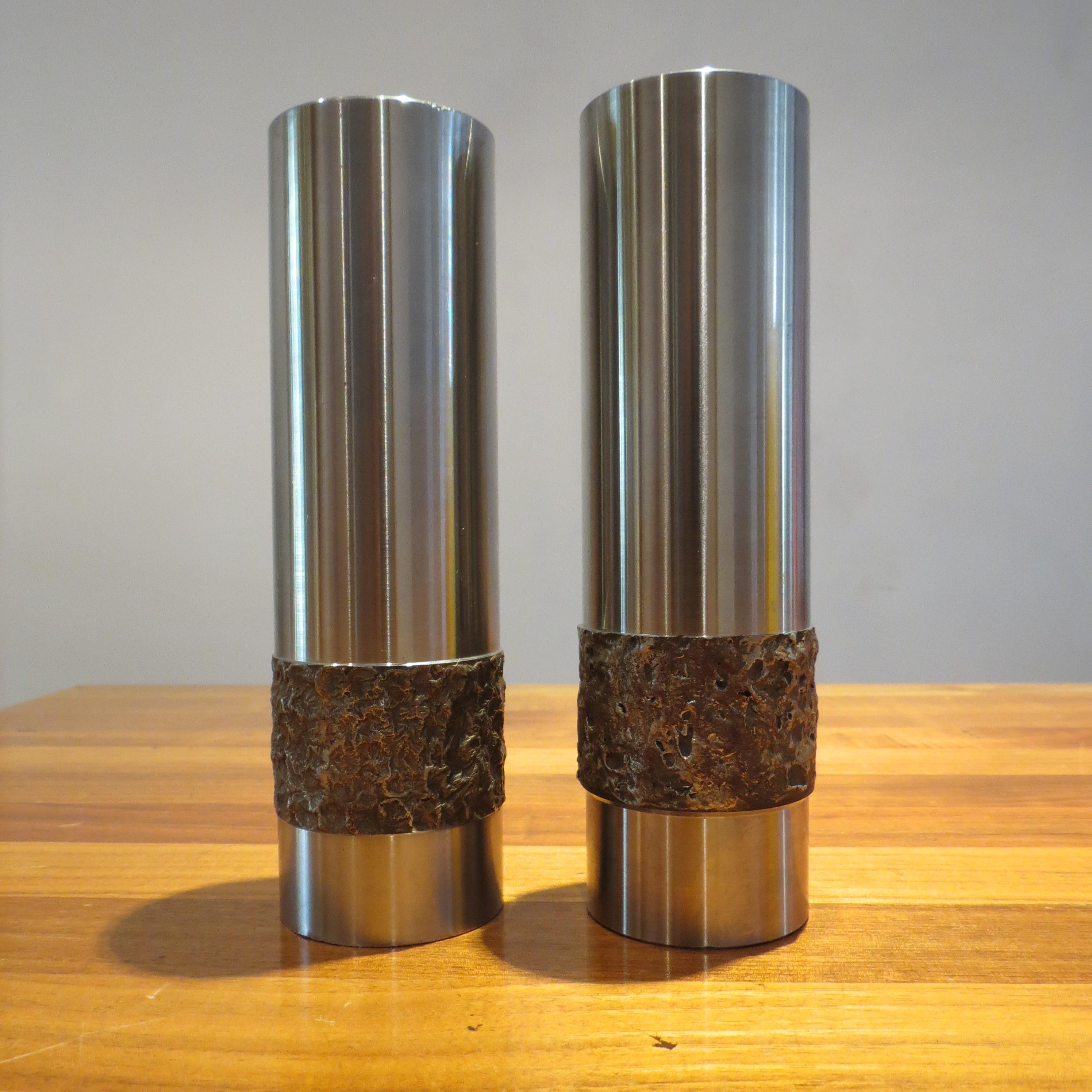 Pair of 1970s German Metal Brutalist Stainless Steel Vases 2