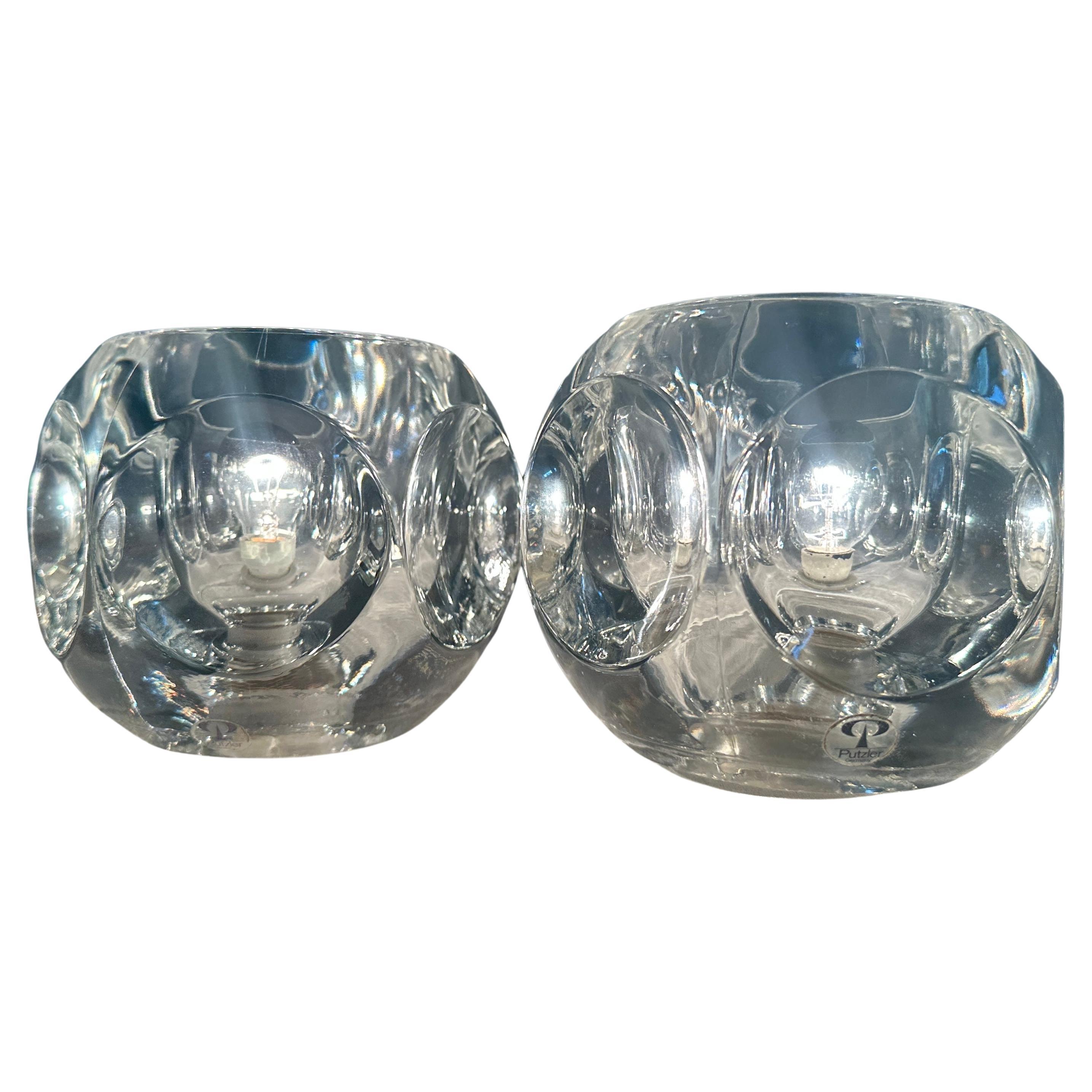 Pair of 1970s German Peill & Putzler Clear Circular Convex Glass Table Lamps