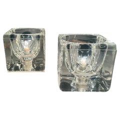 Pair of 1970s German Peill & Putzler Clear Cubed Thick Glass Table Lamps