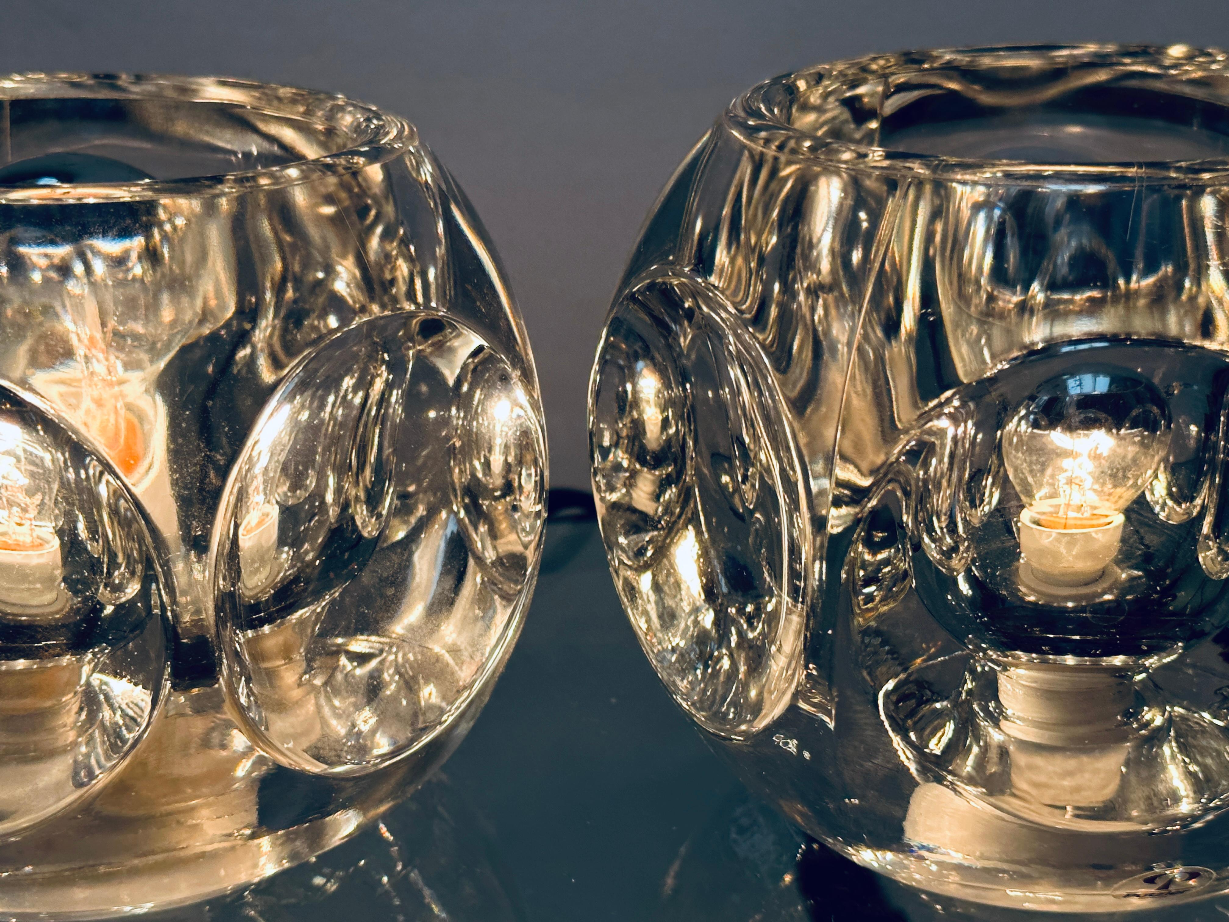 Pair of 1970s German Peill & Putzler Round Clear Concave Glass Table Lamps For Sale 7