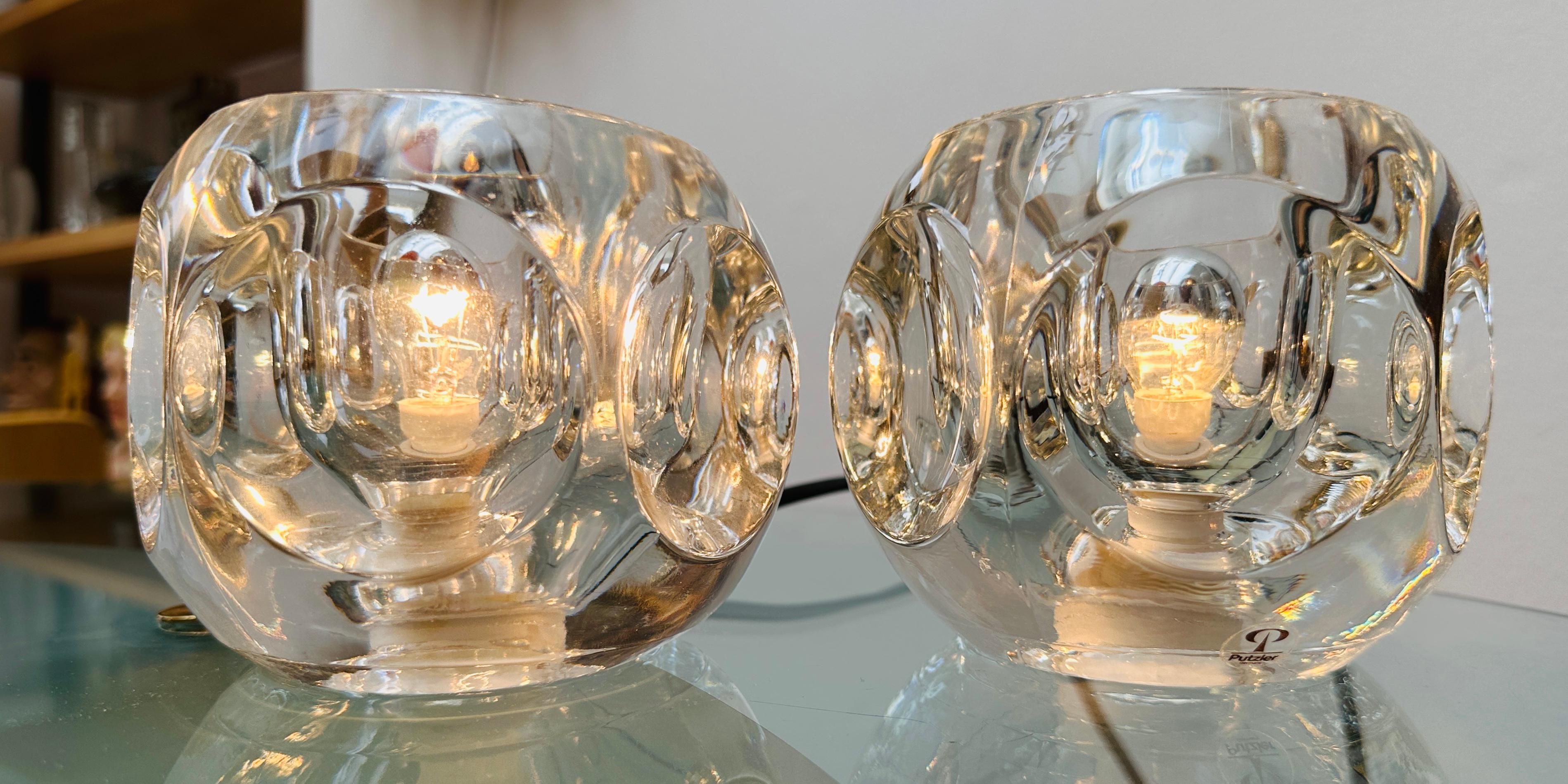 Pair of 1970s German Peill & Putzler Round Clear Concave Glass Table Lamps For Sale 1