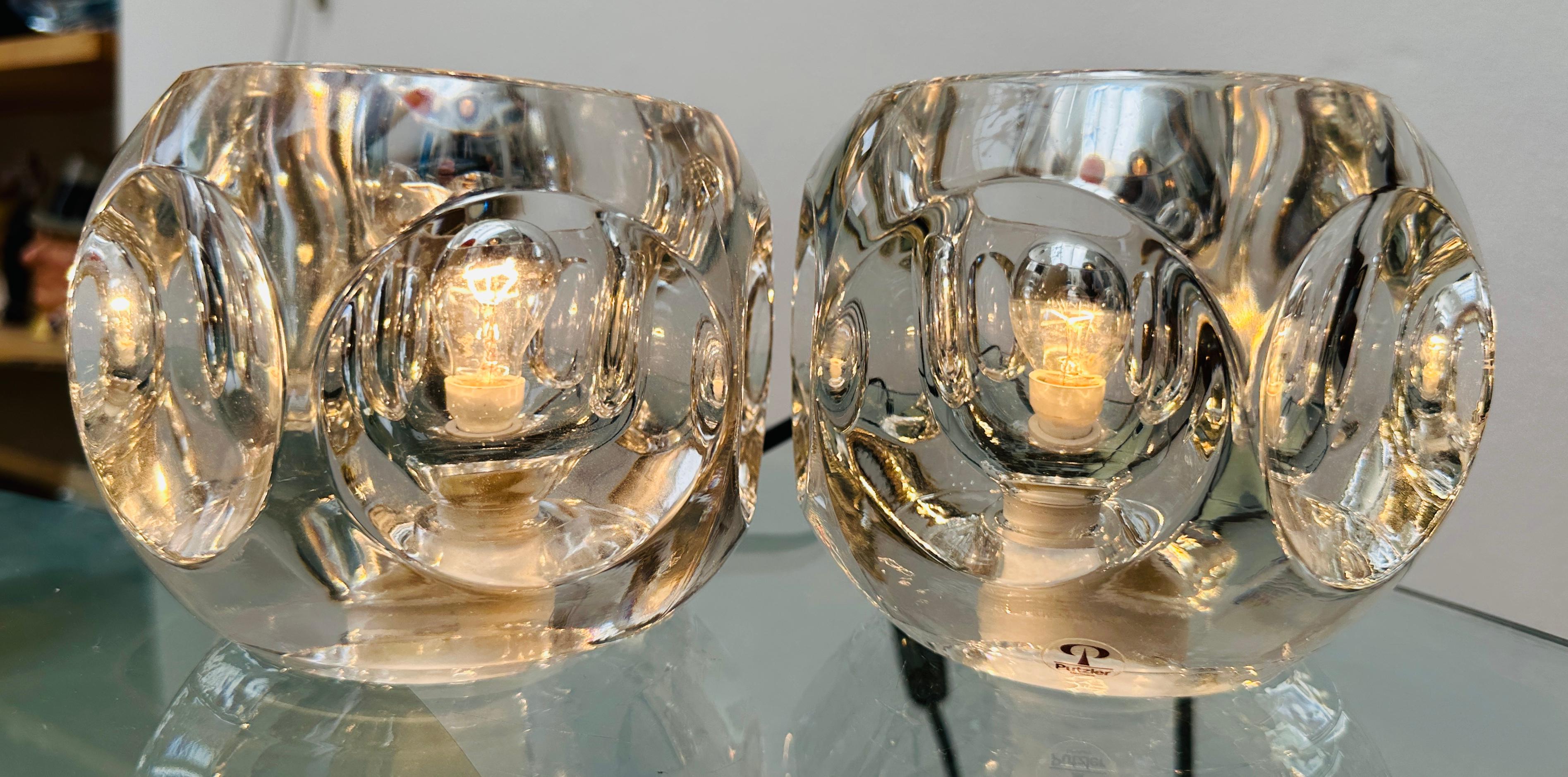 Pair of 1970s German Peill & Putzler Round Clear Concave Glass Table Lamps For Sale 3