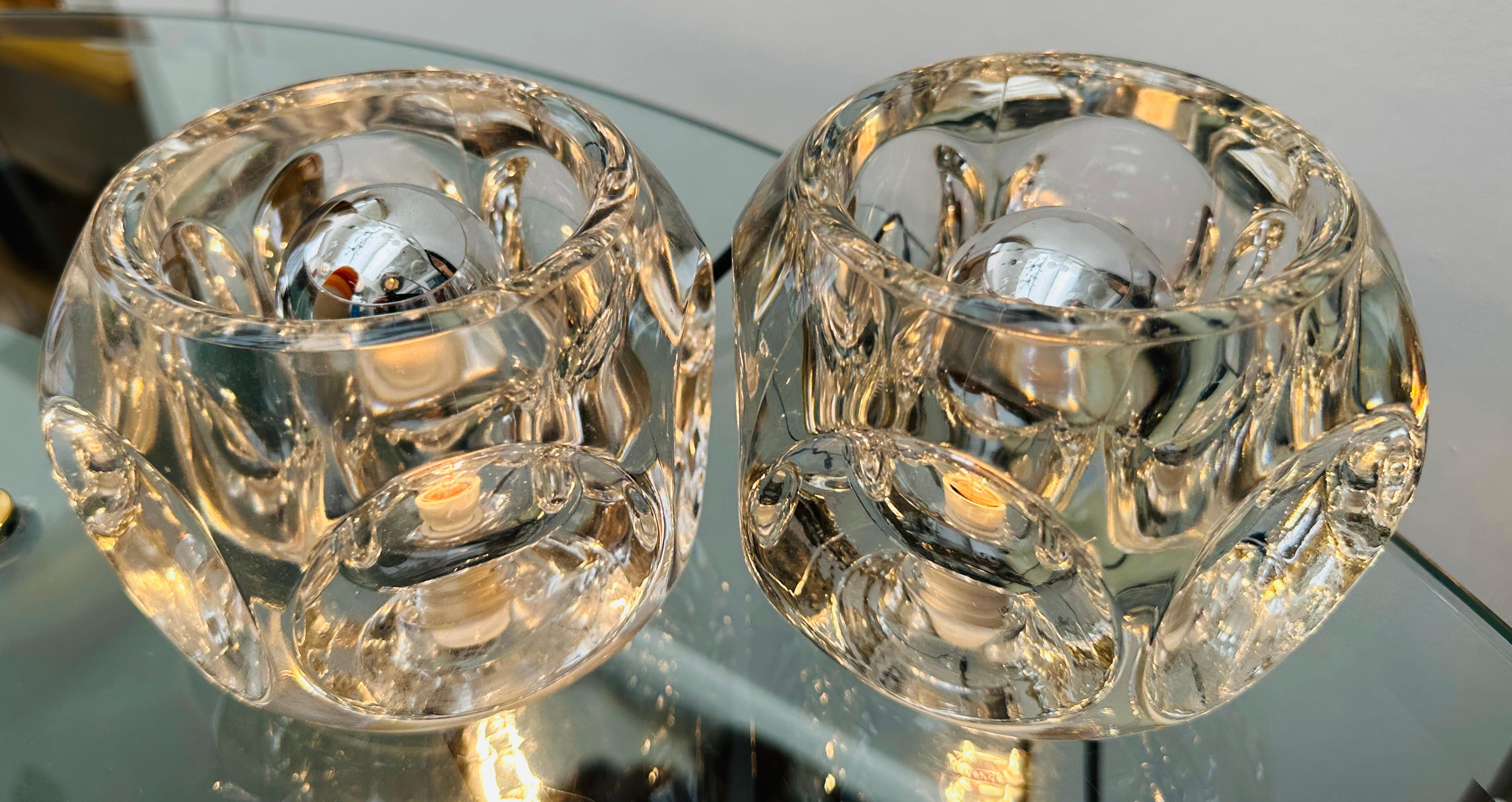 Pair of 1970s German Peill & Putzler Round Clear Concave Glass Table Lamps For Sale 4