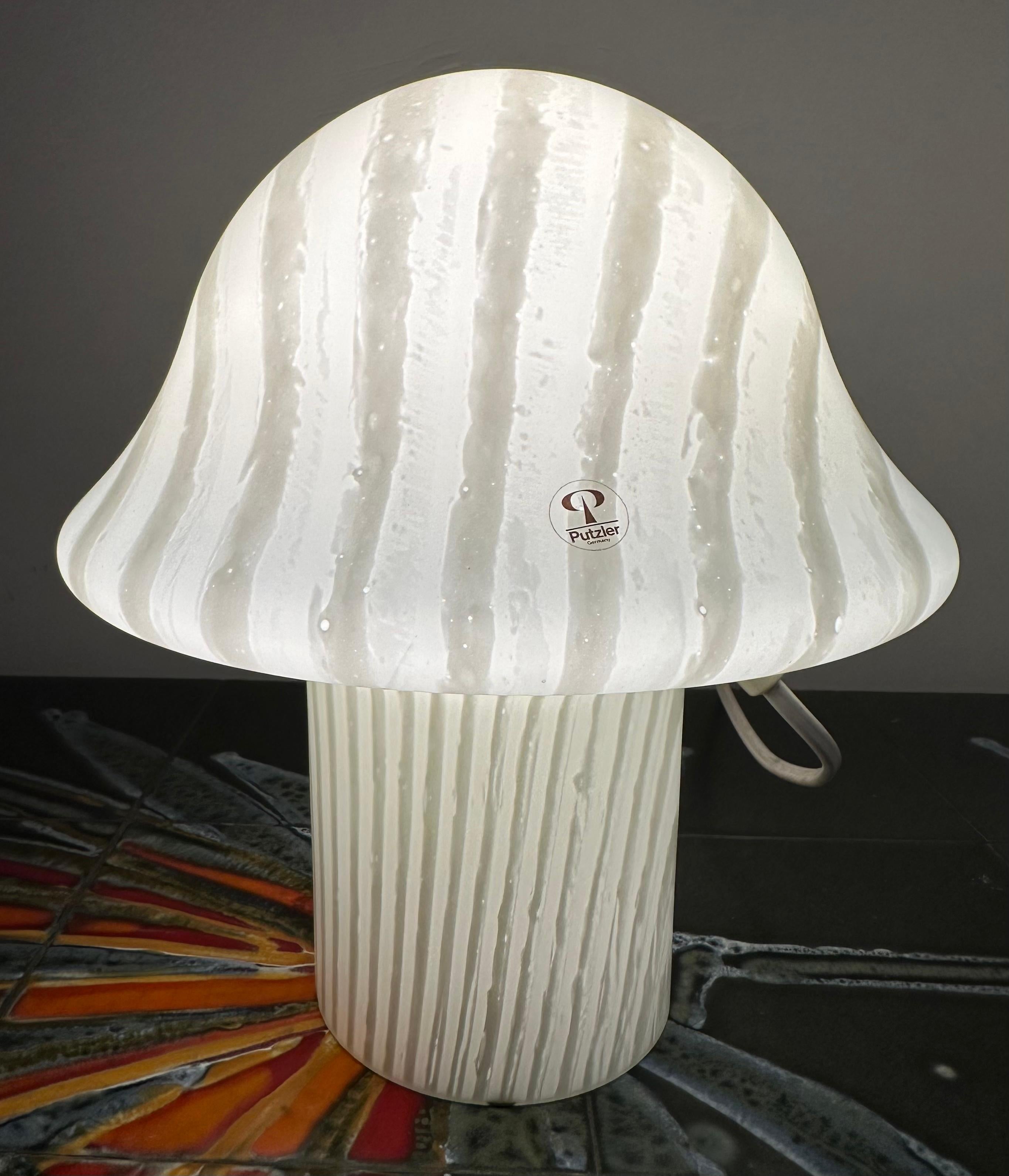 Pair of 1970s German Peill & Putzler Opaque Striped Glass Mushroom Table Lamps For Sale 2