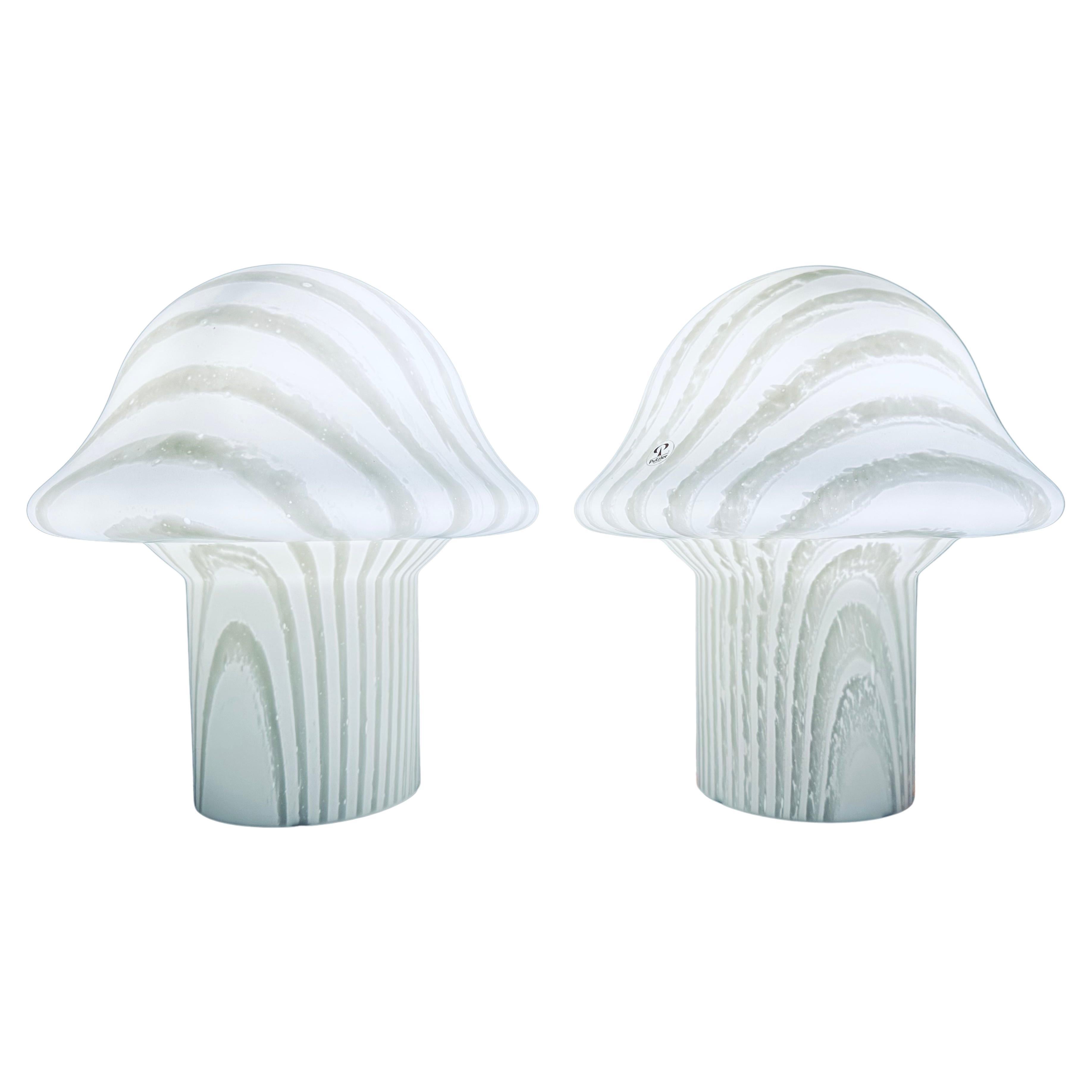 Pair of 1970s German Peill & Putzler Opaque Striped Glass Mushroom Table Lamps For Sale