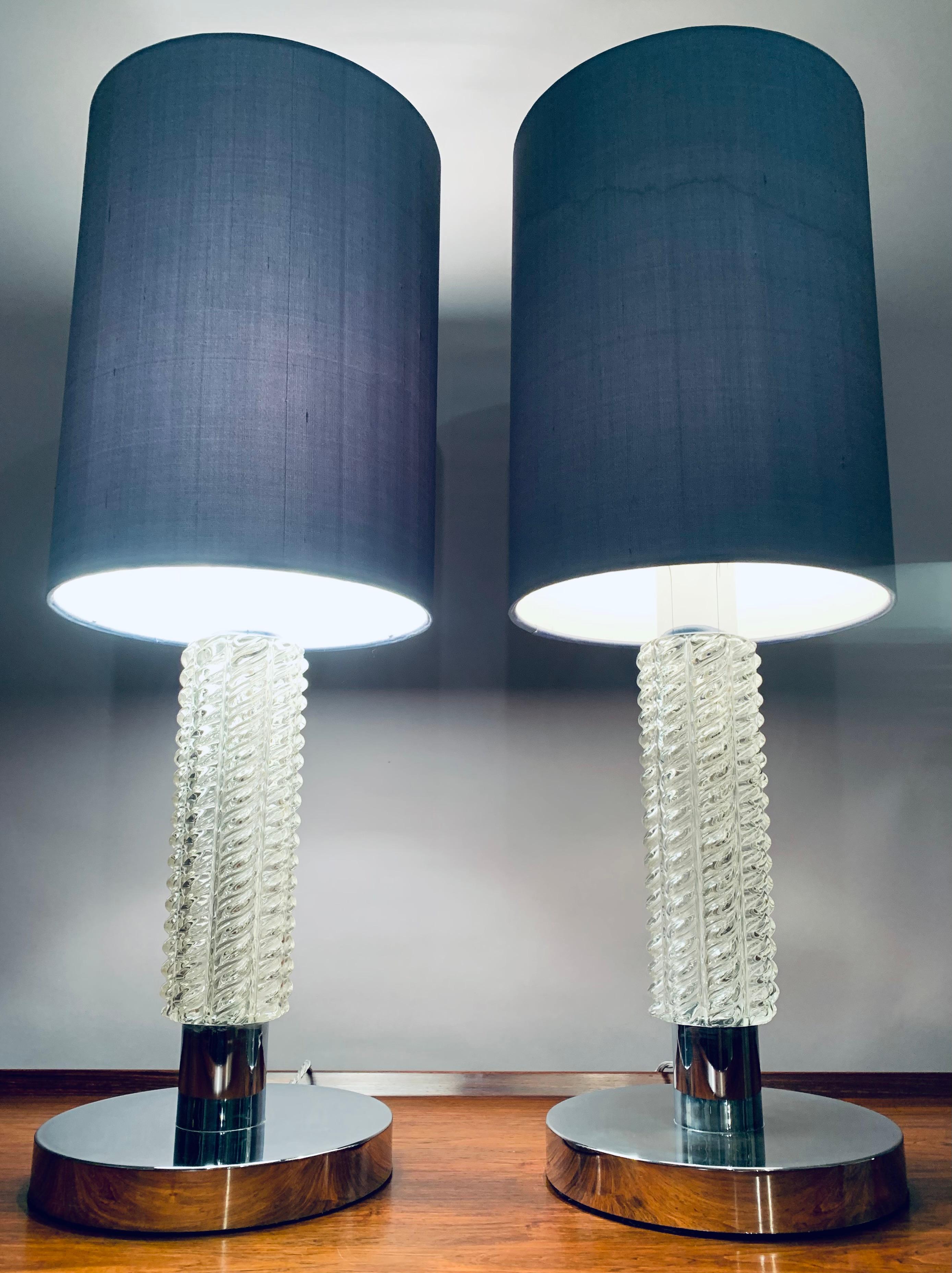 Polished Pair of 1970s German Richard Essig Circular Chrome and Glass Table Lamps