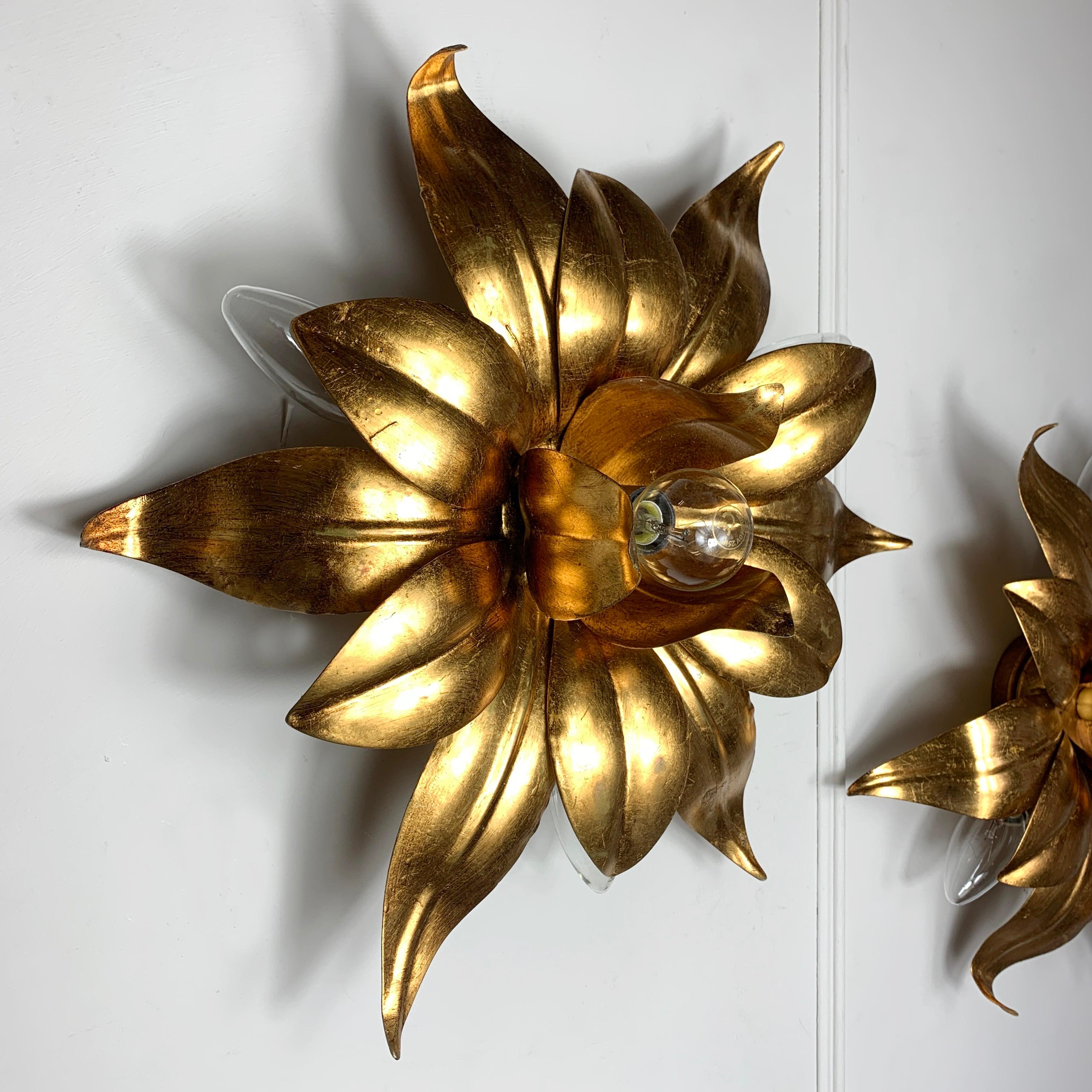 Pair of 1970's Gilt Flower Wall Lights In Good Condition In Hastings, GB