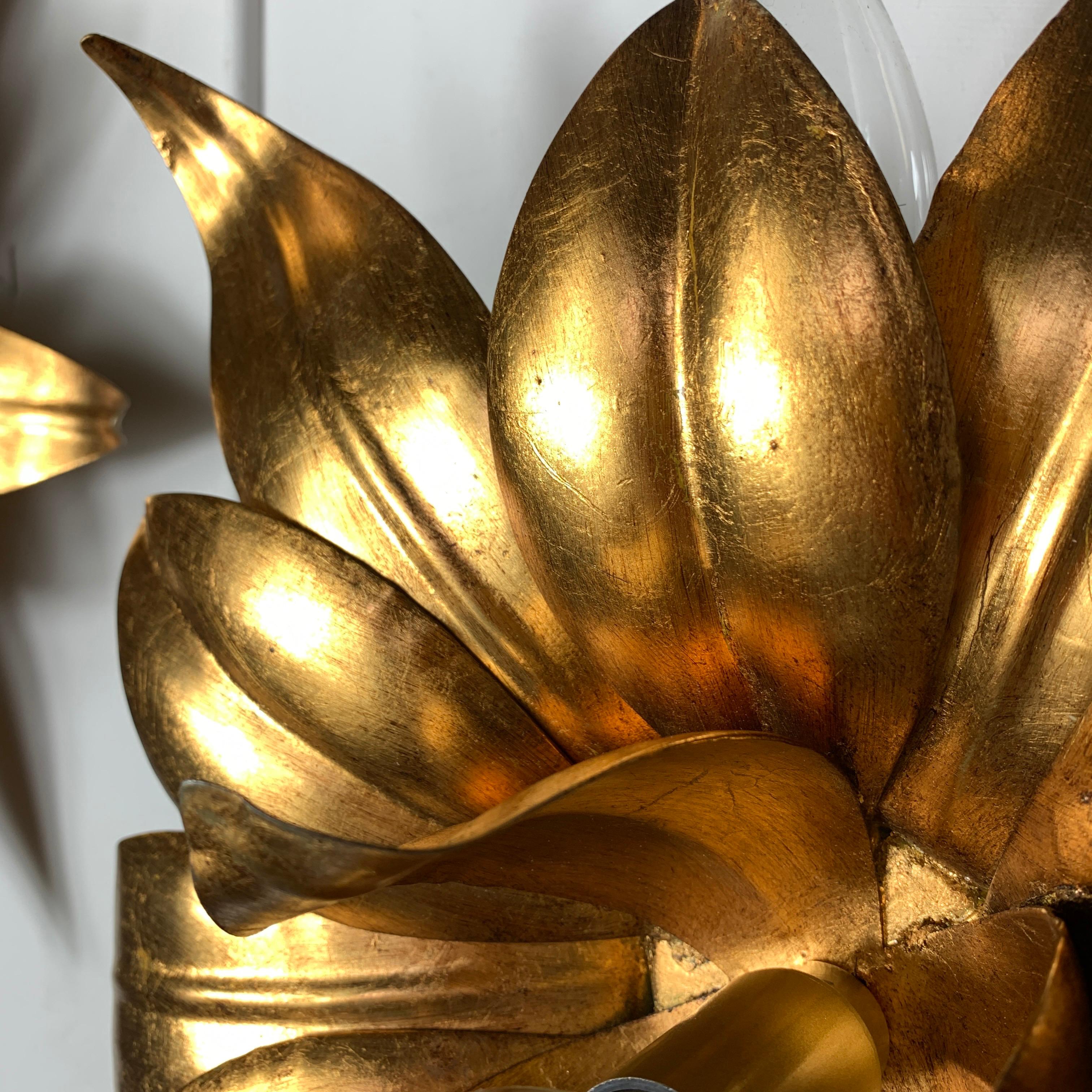 Late 20th Century Pair of 1970's Gilt Flower Wall Lights