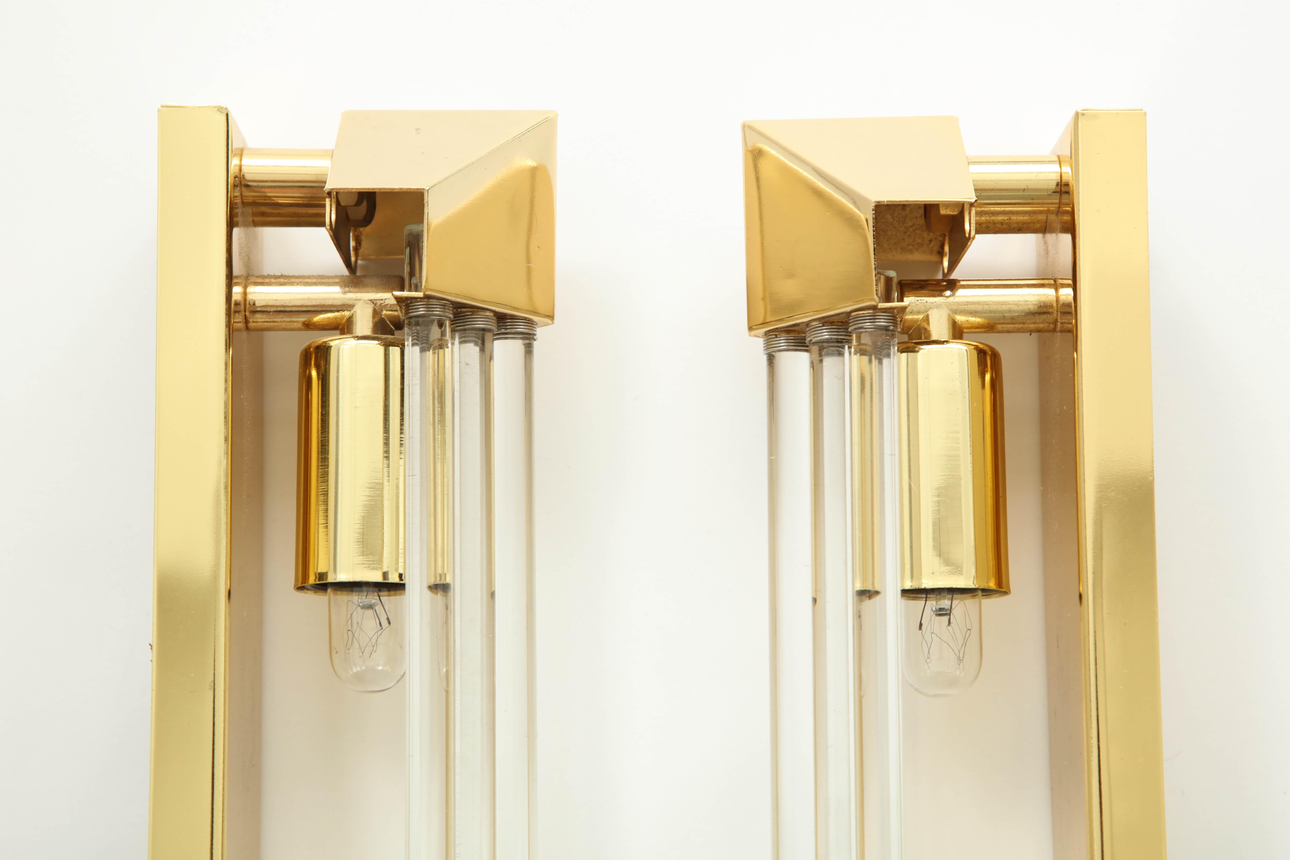 Brass Pair of 1970s Glass Rod Sconces