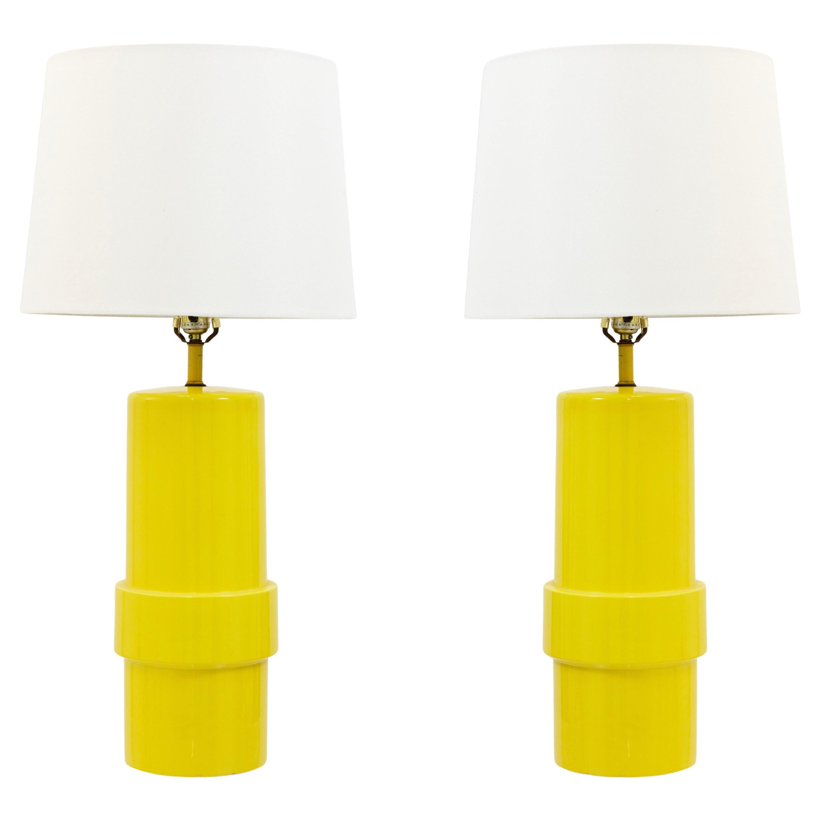 Pair Of 1970s Glossy Yellow Cylindrical Ceramic Table Lamps