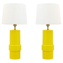 Pair Of 1970s Glossy Yellow Cylindrical Ceramic Table Lamps