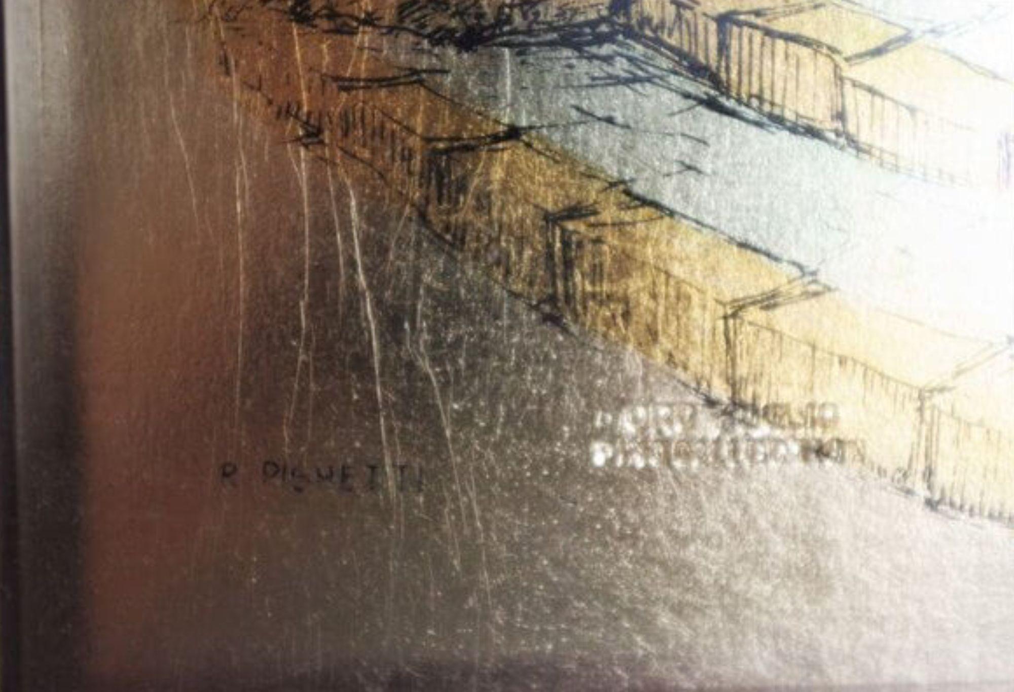 Paire de peintures à la feuille d'or des années 1970 par R. Pighetti - Italian Modern Art Masterpiec en vente 9