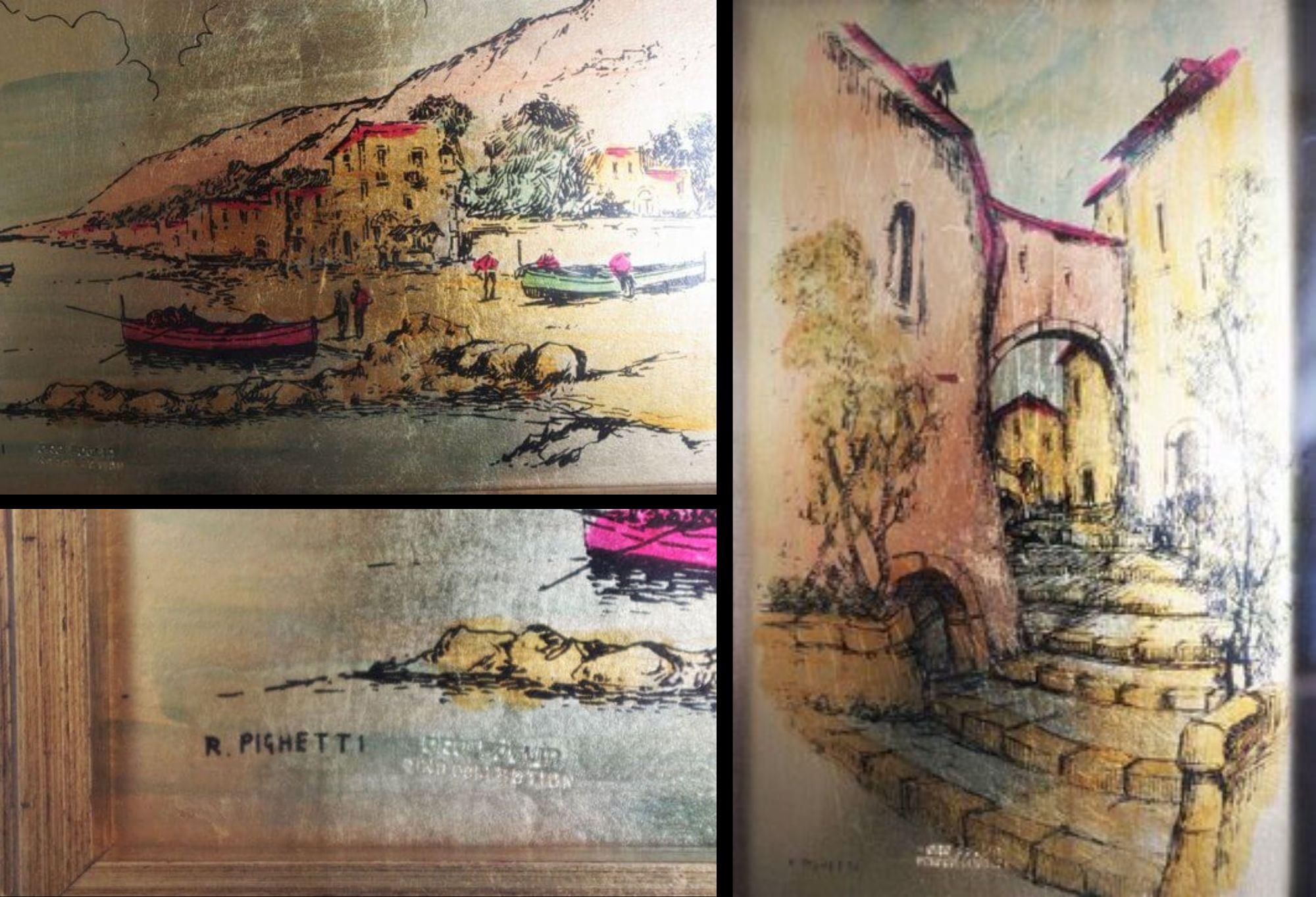 Paire de peintures à la feuille d'or des années 1970 par R. Pighetti - Italian Modern Art Masterpiec en vente 3