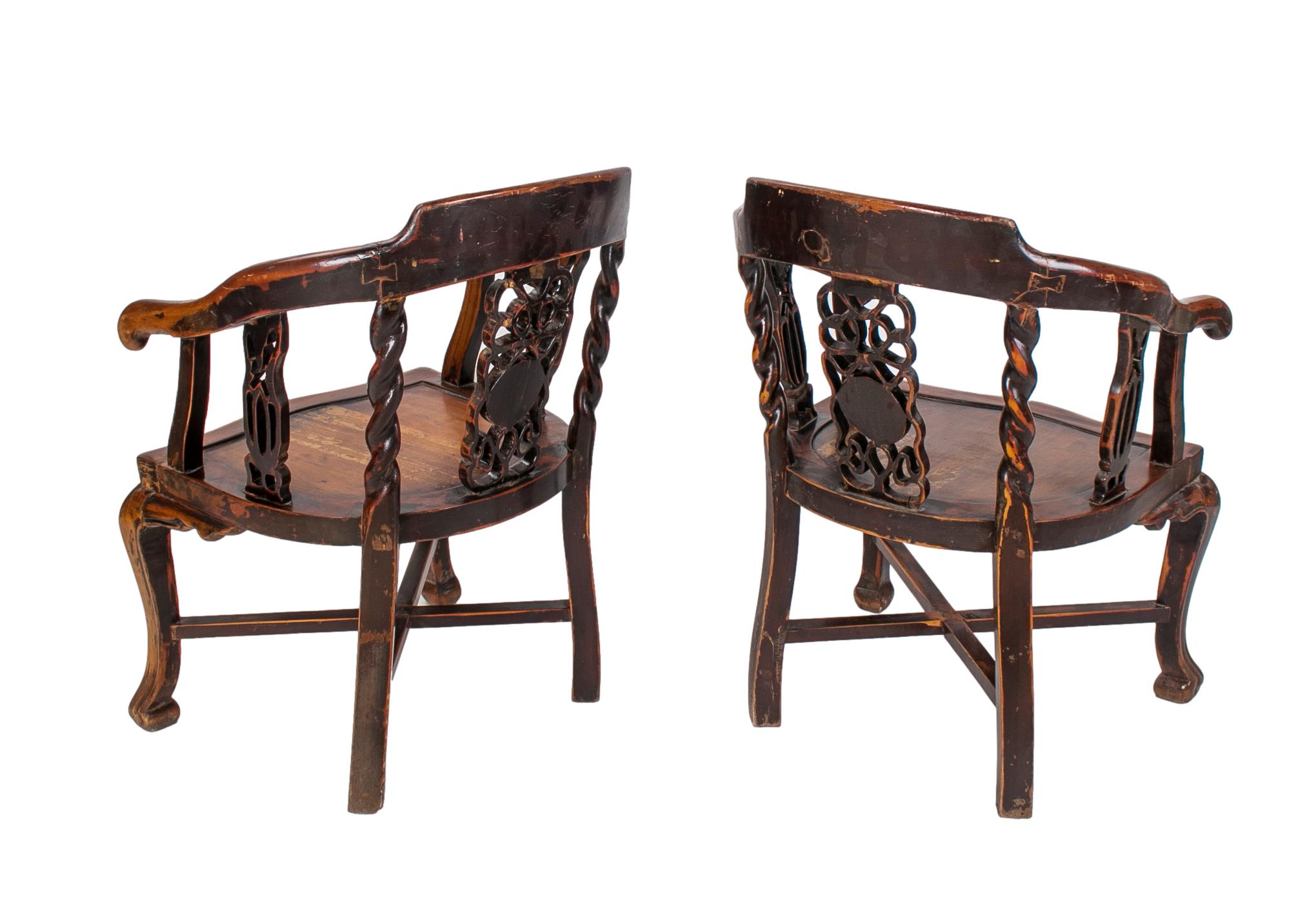 European Pair of 1970s Hand Carved Chinese Wooden Armchairs For Sale