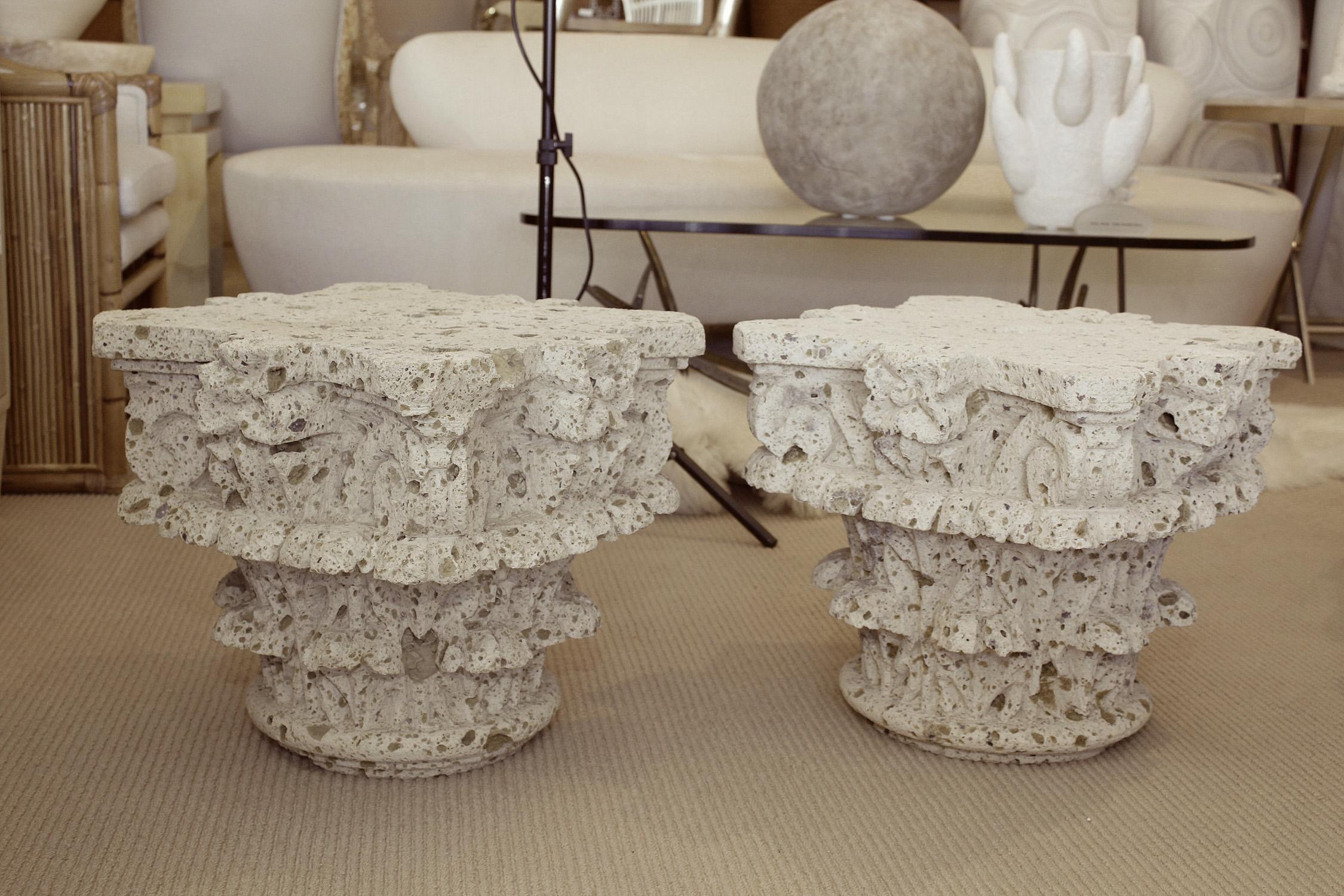 Unknown Pair of 1970s Hand Carved Limestone Corinthian Capitals as Side Tables