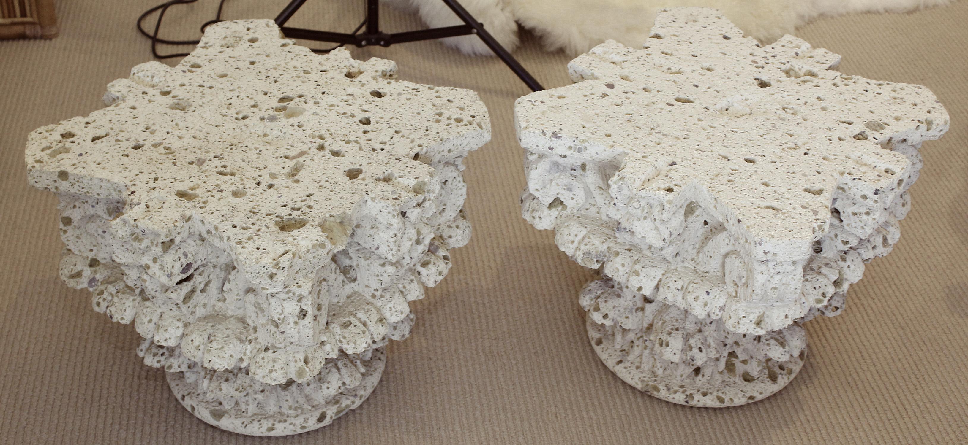Hand-Carved Pair of 1970s Hand Carved Limestone Corinthian Capitals as Side Tables