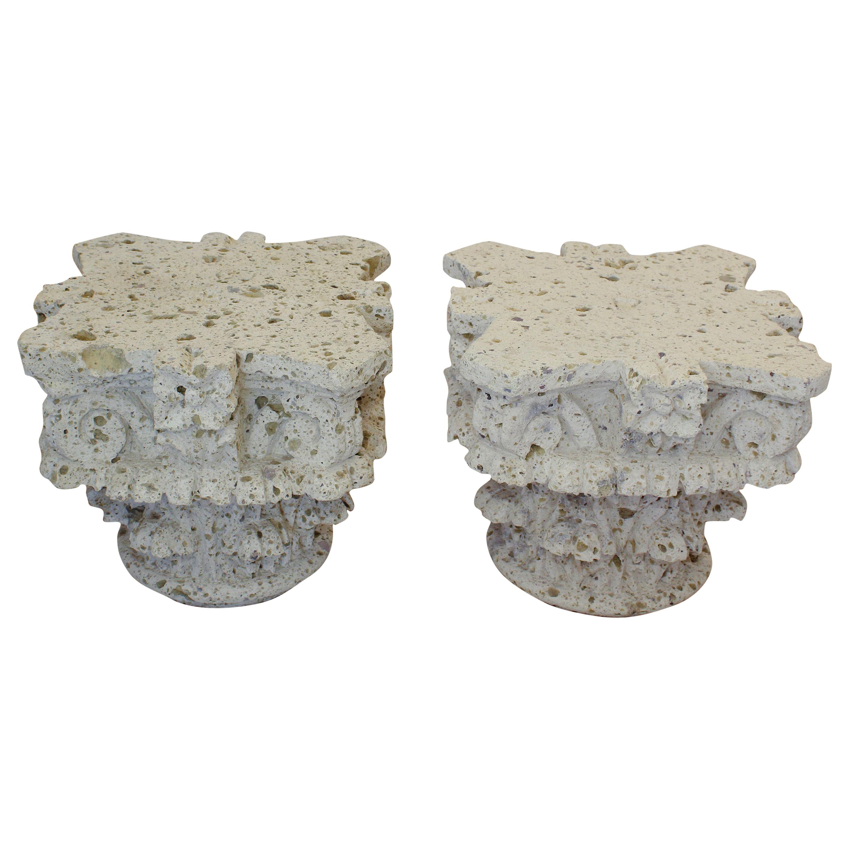 Pair of 1970s Hand Carved Limestone Corinthian Capitals as Side Tables