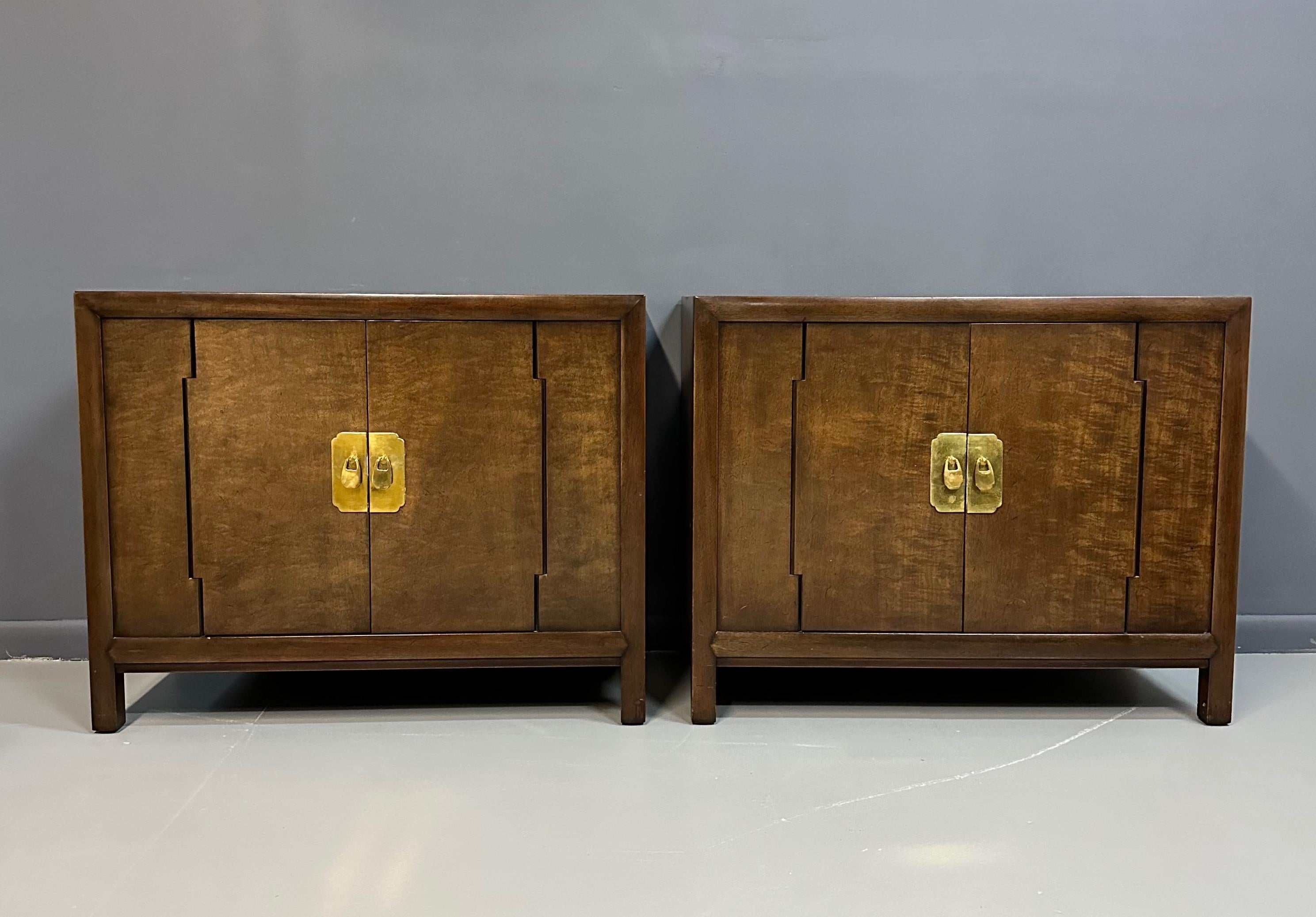 Anglo-Japanese Pair of 1970s Henredon Asian Inspired Two Door Chests with Brass Hardware