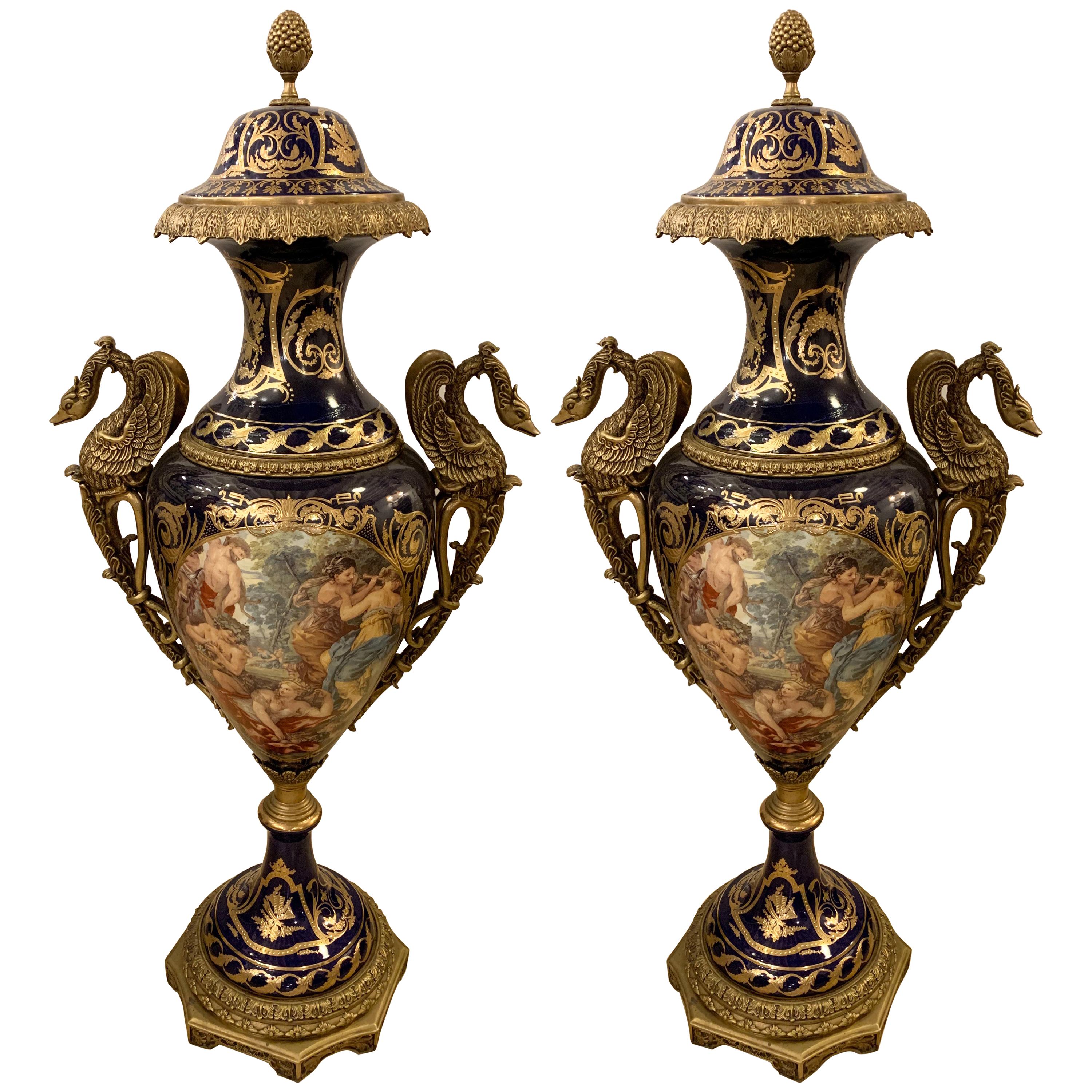 Pair of 1970s High Blue Sèvres Style Vases