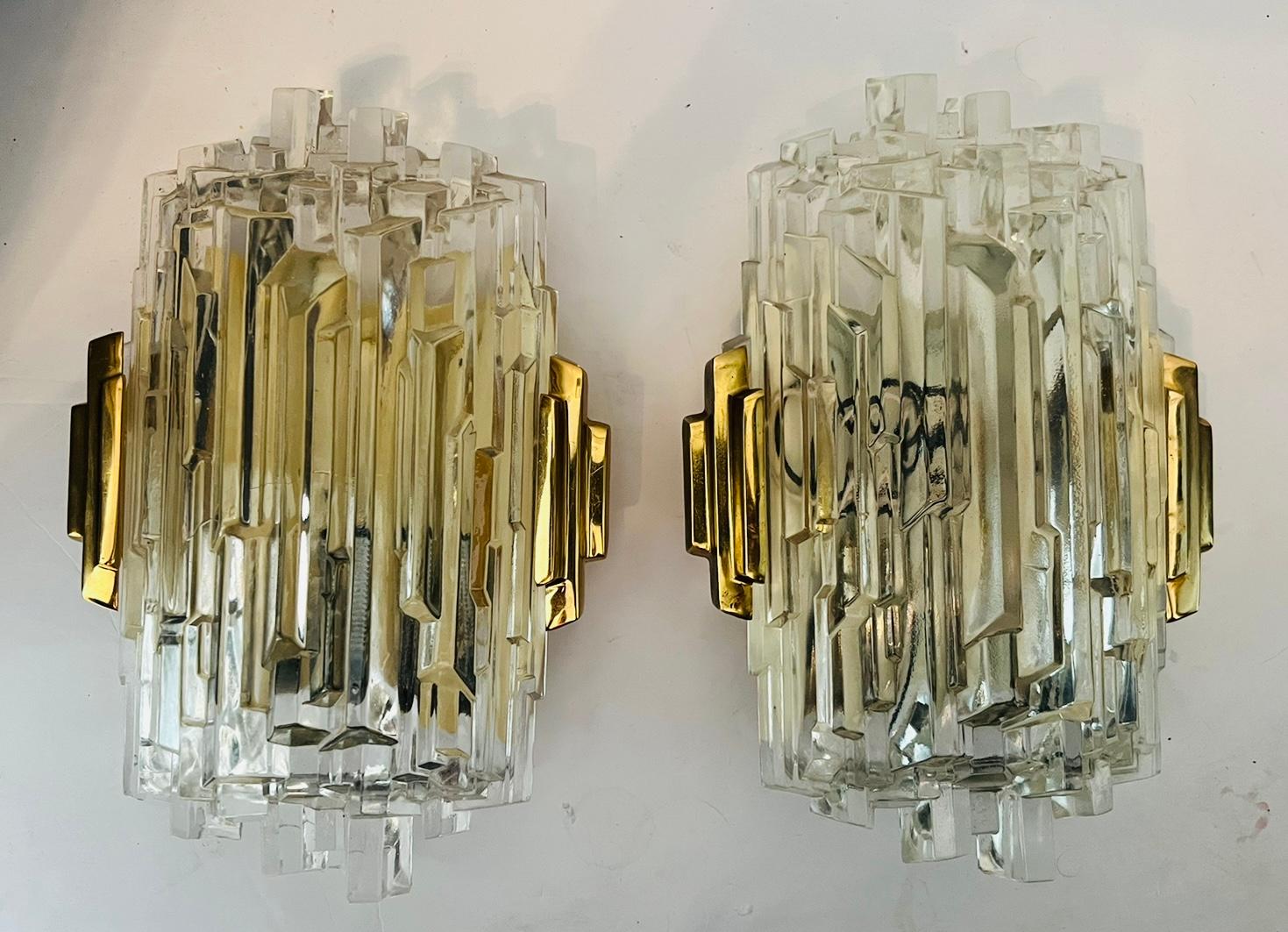 Mid-Century Modern Pair of 1970s Hillebrand Ice Crystal Wall Lamps For Sale