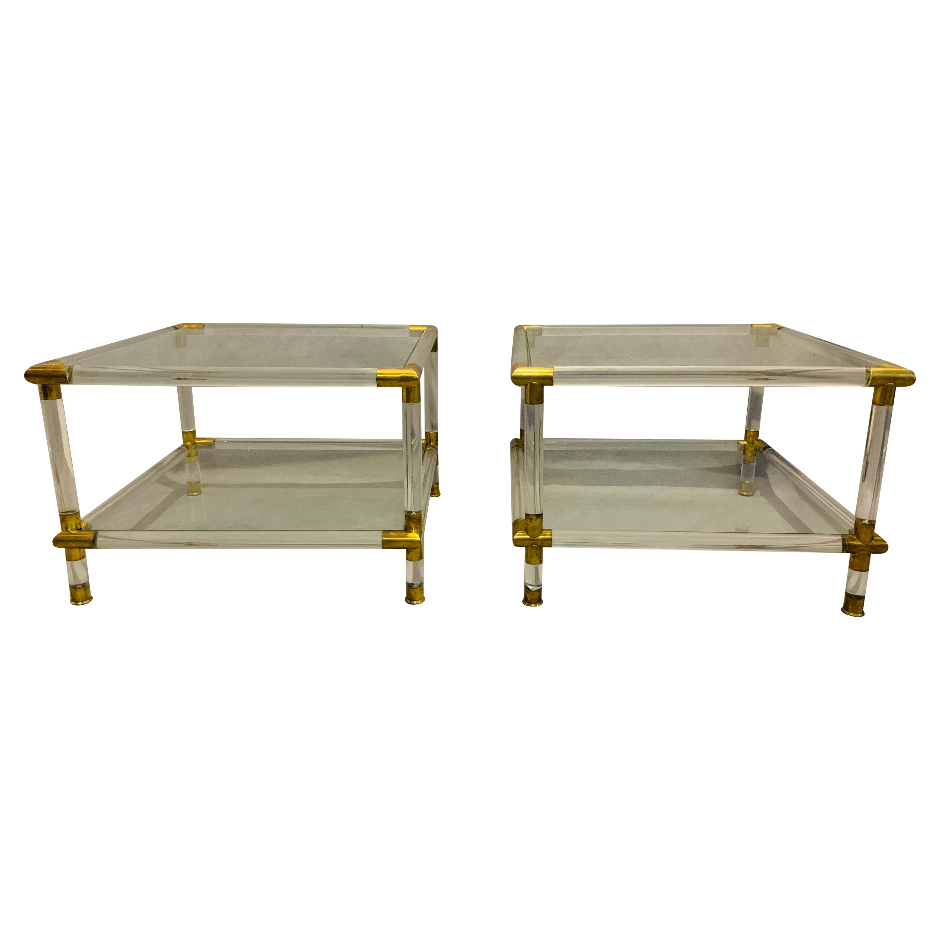 Pair of  1970s Italian Acrylic/Lucite, Glass & Brass Side or Coffee Tables