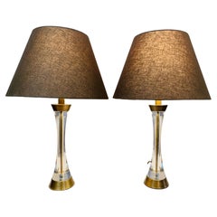 Pair of 1970s Italian Antiqued Brass & Lucite Table Lamps Inc Shades