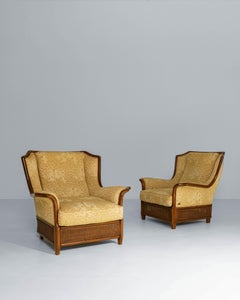 Pair of 1970s Italian Armchairs With Rattan Panels and Jacquard Upholstery