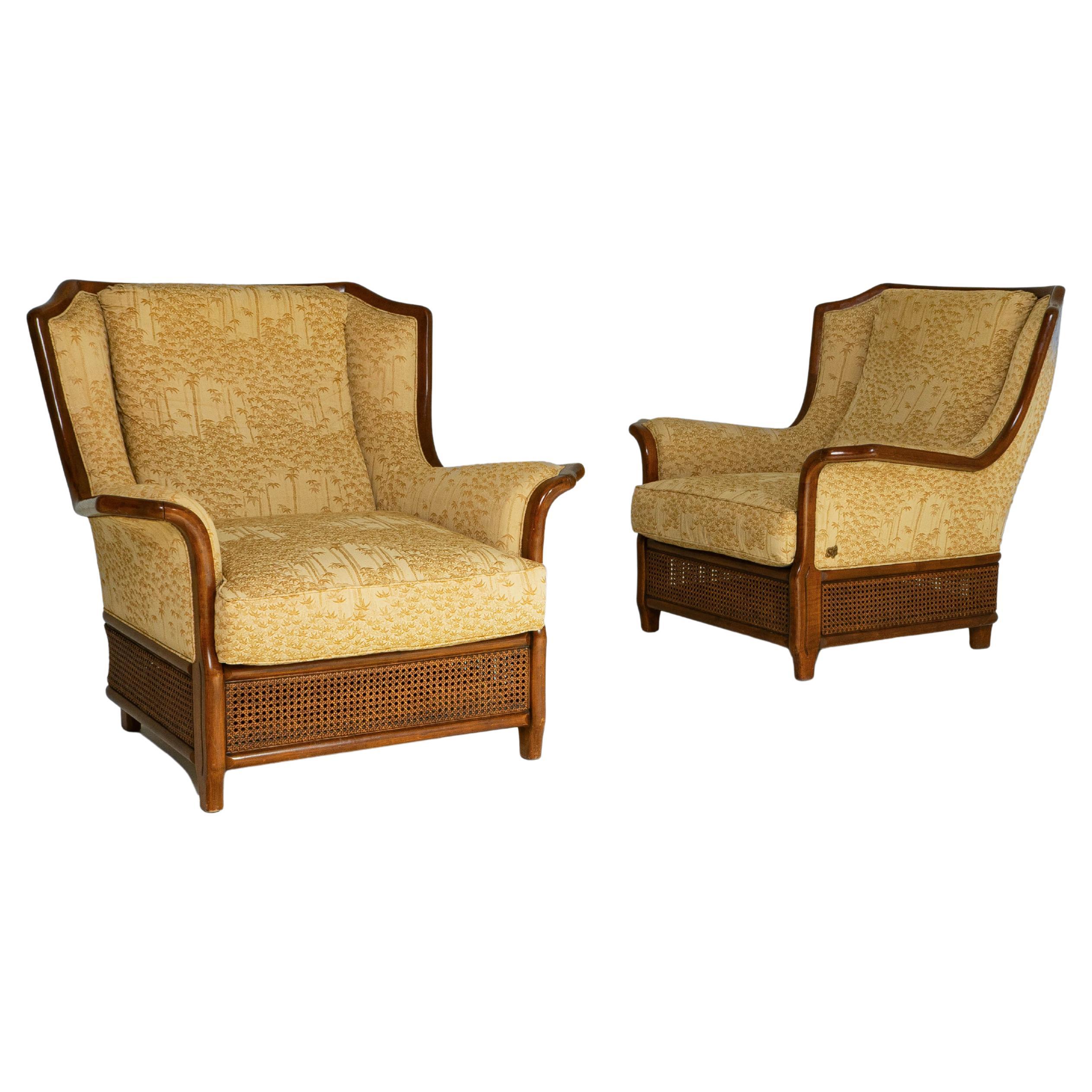 Pair of 1970s Italian Armchairs With Rattan Panels and Jacquard Upholstery im Angebot